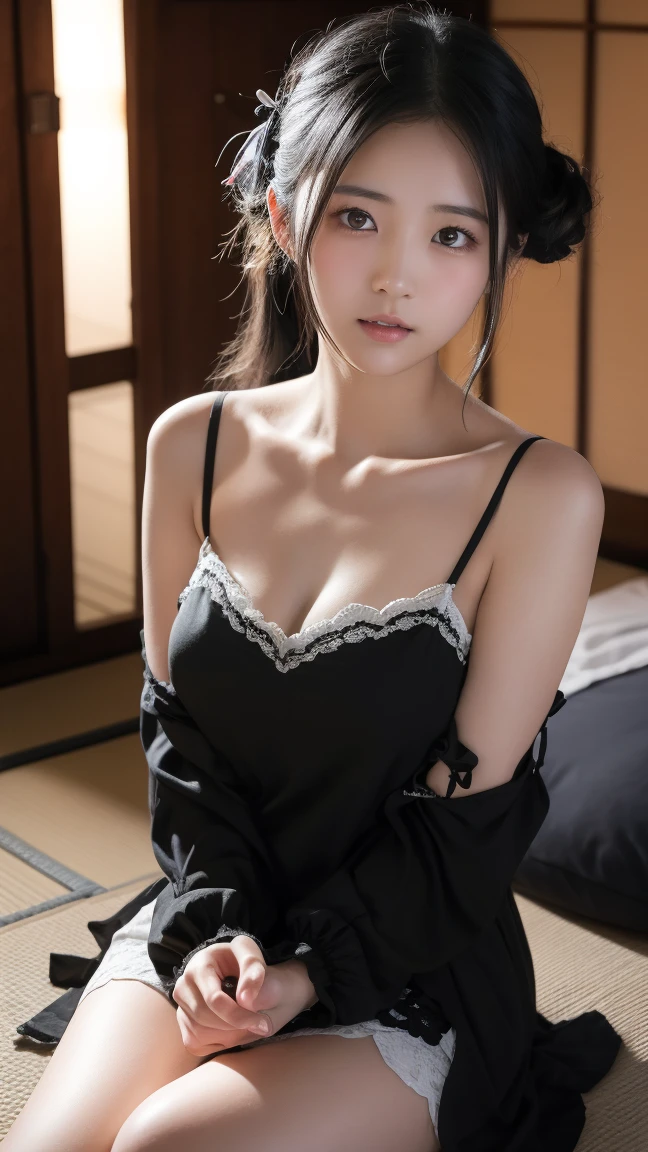18-year-old、beautiful girl、(delicate body shape)、(Luxurious black kimono:1.5)、(Elegant red kimono obi:1.3)、(Wearing a frilly white outfit underneath:1.5)、semi-long、black hair、(Perfect straight hair:1.5)、(medium breasts:1.3)、(cleavage)、(looking at the camera:1.5)、(detailed hands:1.5)、(detailed legs:1.3)、(small hands:1.4)、(Moisturized lips:1.3)、(long eyelashes)、(double eyelid)、(brown eyes)、(blush:1.3)、(correct anatomy:1.3)、(Brighten the contrast of shadows)、(face lighting)、(nffsw++:1.10)、(ultra high resolution)、(highest quality)、(Improvement of quality)、(super detailed)、(accurate color)、(Photoreal)、(detailed skin texture)、(Shoulders are not visible:1.3)、(ecstasy:1.4)