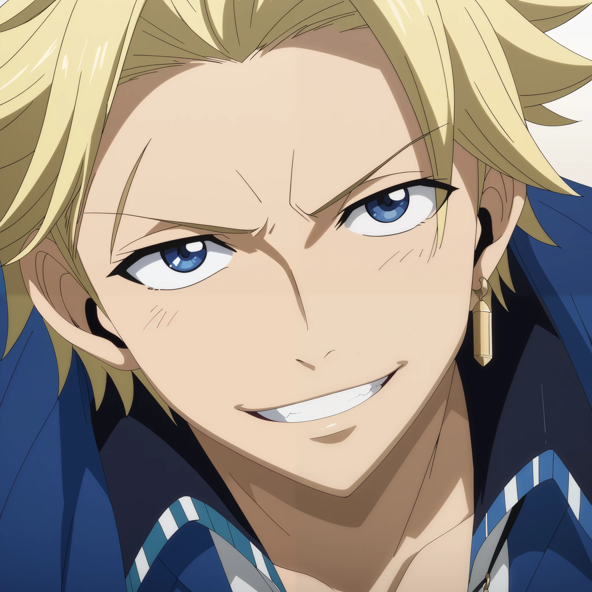 close-up, looking at viewer, score_9, score_8_up, score_7_up, source_anime, StingFT, Sting blonde hair, light yellow Sting, 1boy, male focus, anime screencap, a blue men's jacket with black details, which fits his athletic figure. Underneath, he wears a black long sleeved T-shirt. His pants are dark and tight fitting, and he completes the look with white fingerless gloves that add a modern touch. He also usually wears a belt with a decorative buckle. Official style, smile, happy