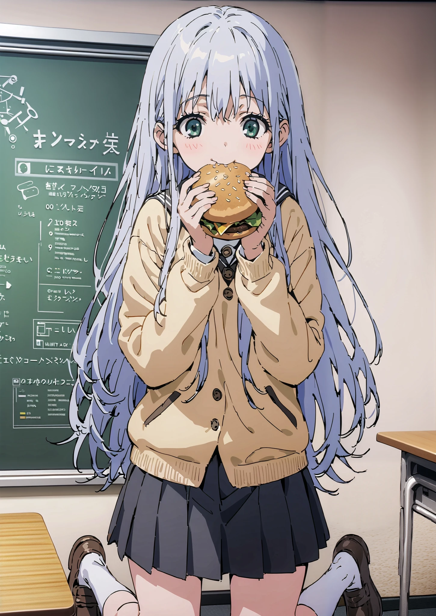 Prohibited bibliography, both eyes, Silver Hair, long hair, smile,blushes,Black sailor suit, yellow cardigan ,black pleated skirt,white high socks,loafers,chairsに座っている, holding a hamburger with both hands,eating hamburger,noon,machine, blackboard ,chairs,full bodyがイラストに入るように,break indoors,classroom,
full body,
break (masterpiece:1.2),top quality , kampala, Unity 8K Wallpaper ,(shape:0.8),It's a person ,full body写真,CG Details , (perfect hands,complete anatomy),