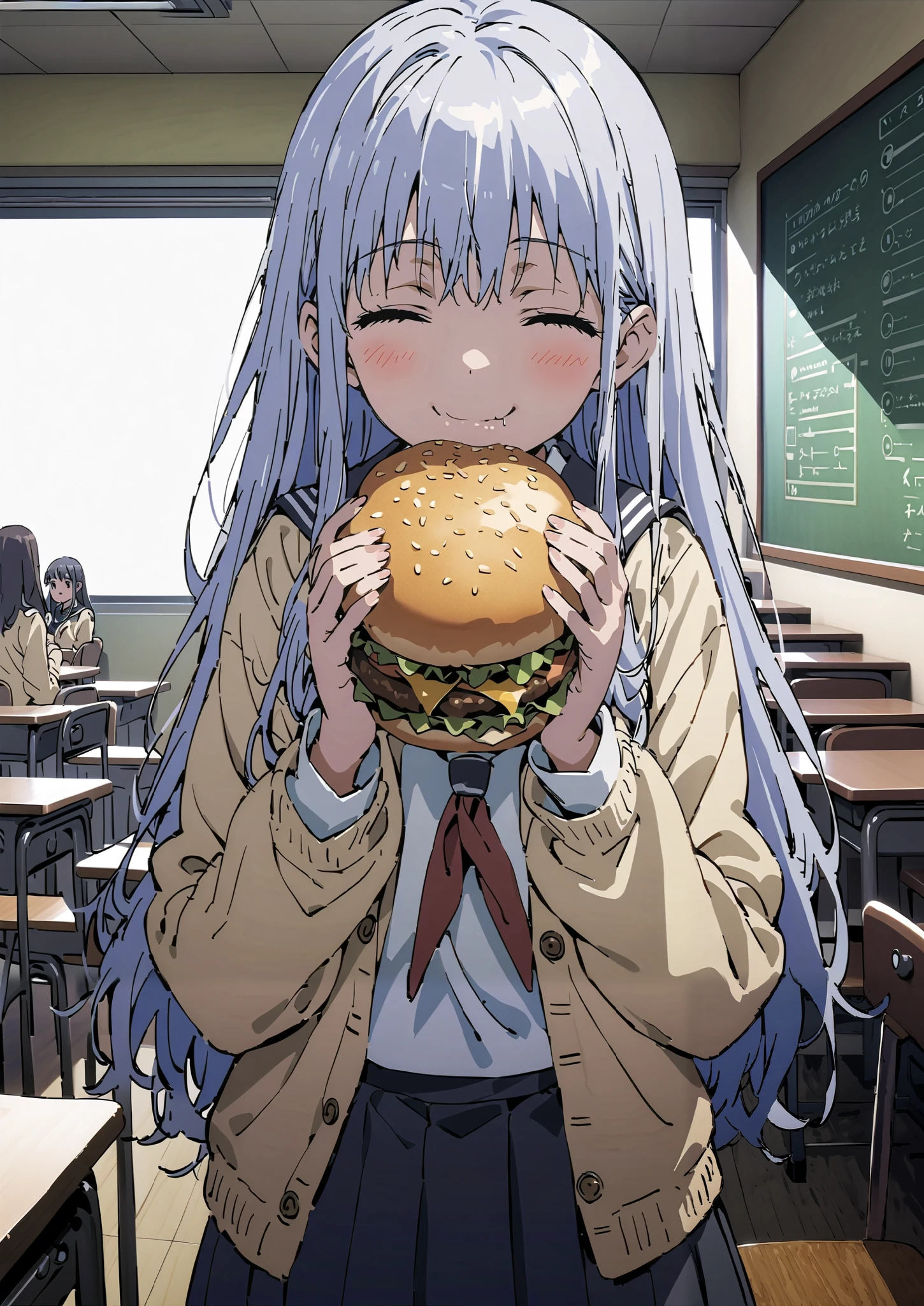 Prohibited bibliography, both eyes, Silver Hair, long hair, smile,blushes,Black sailor suit, yellow cardigan ,black pleated skirt,white high socks,loafers,chairsに座っている, holding a hamburger with both hands,eating hamburger,noon,machine, blackboard ,chairs,full bodyがイラストに入るように,break indoors,classroom,
full body,
break (masterpiece:1.2),top quality , kampala, Unity 8K Wallpaper ,(shape:0.8),It's a person ,full body写真,CG Details , (perfect hands,complete anatomy),