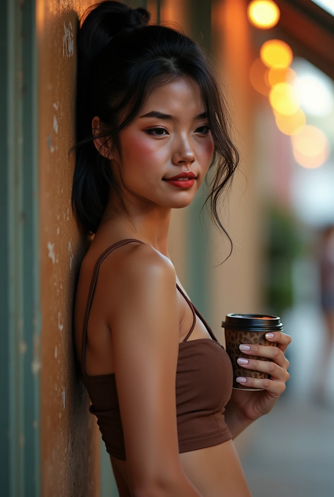 photography of a stunning girl, textured skin, tanned, freckles, full bust view, wearing a sexy top, wavy hair, choker, smiling while drinking a cup of coffee at a nice coffee shop, symmetrical eyes, symmetrical face, specular lighting, bokeh, sharp focus on subject, photorealistic, volumetric face light, path traced hair, visible shadows, intricate, elaborate, hyper realistic