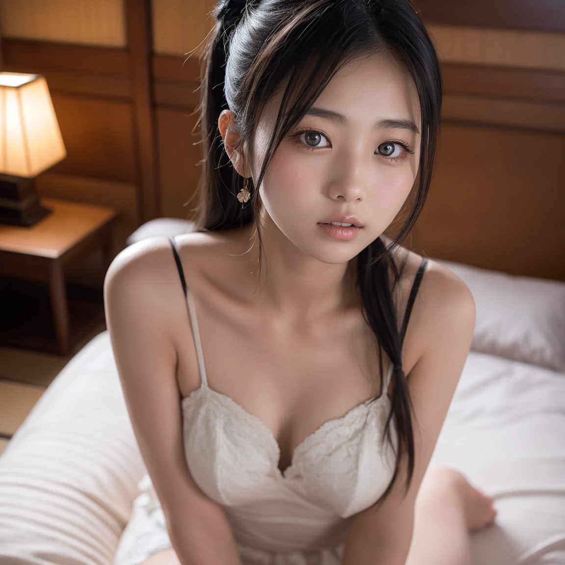 (A superb exquisite yukinoshitaYukino),(yukinoshitaYukino:1.5), (oregairuUniform:1.5), brown eyes, black hair, natural straight hair, straight bangs, solo, nature, extremely delicate, straight facial features, peerless beautiful girl, soft, (sensual face), ((ecchi face)), dreamy quality, exaggerated facial features, solid color, frank holly, delicate face, bright lips, slender waist, soft curves, real light and shadow, super fine, 4k, natural moving, Ultra high resolution, (masterpiece:1.2, best quality), (finely detailed beautiful eyes: 1.2), (beautiful detailed face), sexy semi-nude model, sexy pose, Ultra high definition white bra and panties, erect nipples,Medium chest, slender body, (bedroom), 