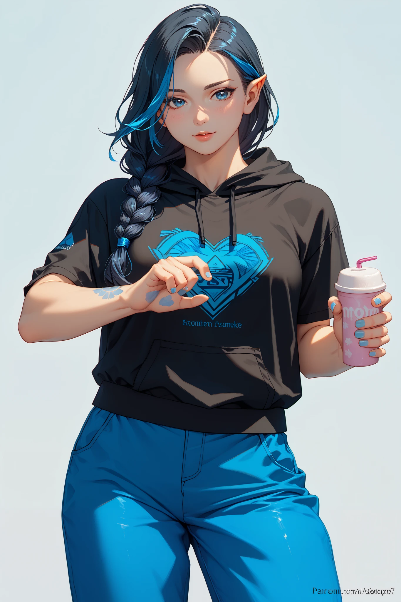 Solo, (((From front))), Female, orc, ((black hair with Baby blue highlights)), (Pastel blue eyes), long braided hair, sci-fi type, Grey t-shirt, black hoodie with blue line details, ((Blue Suit Pants)), ((Blue Mark on hand)), looking towards viewers, random standing Pose, simple white background