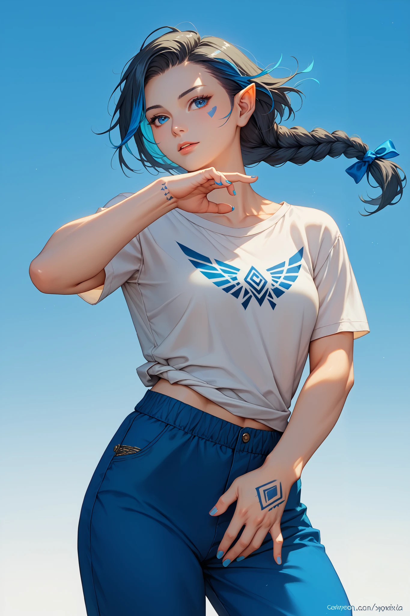 Solo, (((From front))), Female, orc, ((black hair with Baby blue highlights)), (Pastel blue eyes), long braided hair, sci-fi type, Grey t-shirt, black hoodie with blue line details, ((Blue Suit Pants)), ((Blue Mark on hand)), looking towards viewers, random standing Pose, simple white background