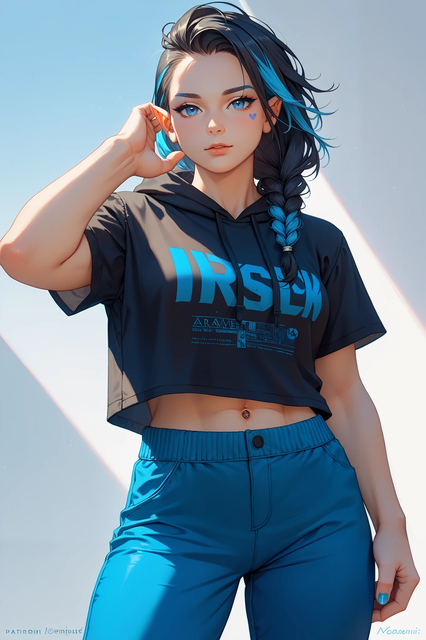 Solo, (((From front))), Female, orc, ((black hair with Baby blue highlights)), (Pastel blue eyes), long braided hair, sci-fi type, Grey t-shirt, black hoodie with blue line details, ((Blue Suit Pants)), ((Blue Mark on hand)), looking towards viewers, random standing Pose, simple white background