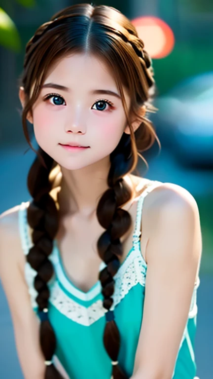 one girl、((smile:0.1))、pretty girl、brown hair、baby face、young、delicate girl、Braid、Upper body、small breasts、unreasonable precision、Super detailed、camisole、completely flat、Honesty、thin arms, professional lighting, film grain, chromatic aberration, (Eye and face details:1.0), (Bokeh:1.1)、software:1.5)))、 highest quality, 8K, 14 years,