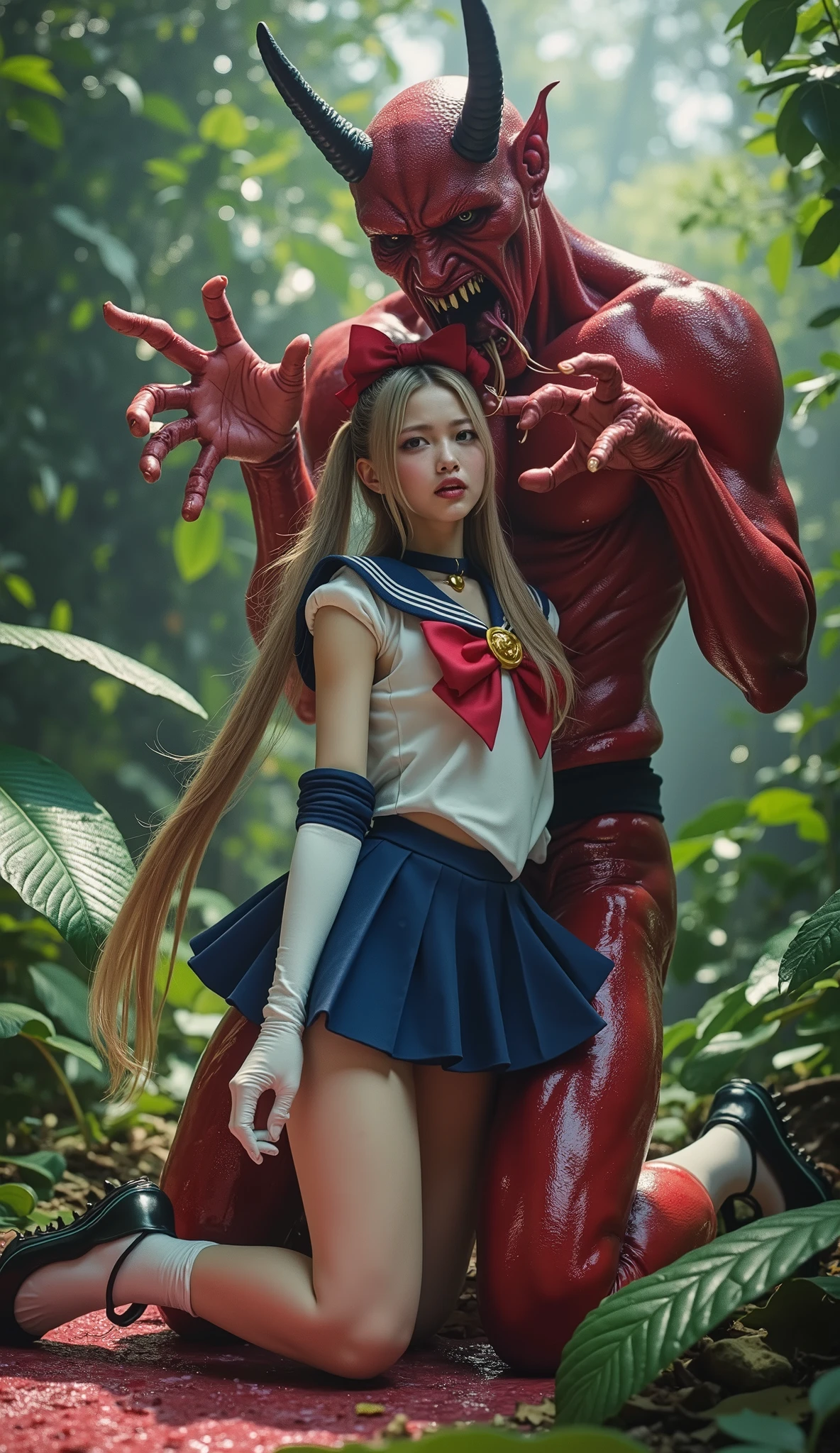 Hyperrealism, masterpiece, highest quality, A young Japanese woman is kneeling face to a tall devil, ((she is crying and screaming in pain)), tears from her eyes, painful face, she is wearing a Sailor Moon costume, Blue sailor collar, Blue short mini pleated skirt, she is wearing a very short blue mini pleated skirt, (upskirt), Long white gloves, shiny beige color pantyhose, Exposed thighs, red long boots, big choker, long blonde Hair, (a tall devil is standing in front of her face), his crotch is on her face, the devil is holding her head tightly and push his private part into her mouth, in the jungle,