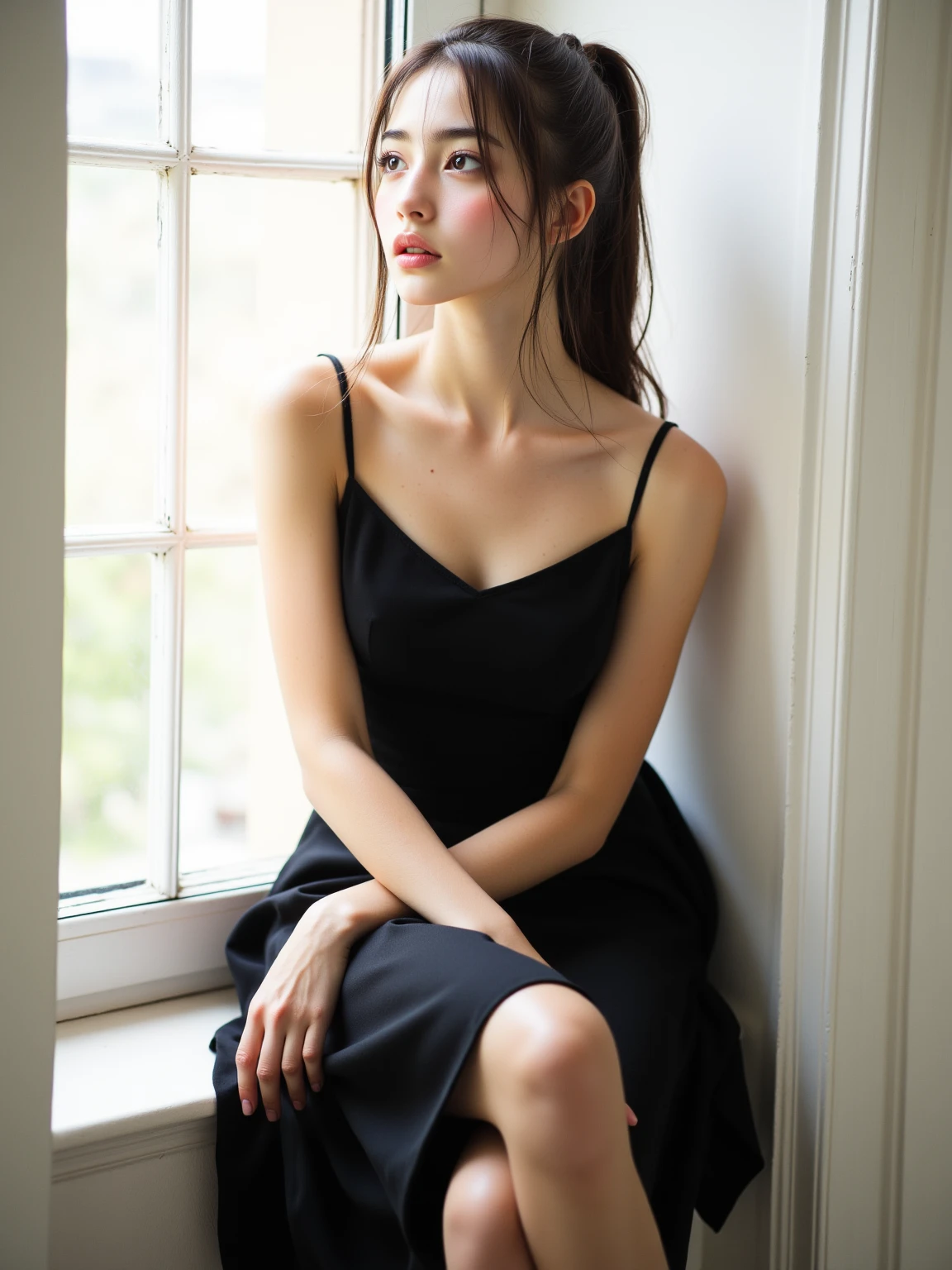 Dark brown hair、Light brown eyes、Japanese actress、 Lady、I40歳くらいです..、(Intricate details:1.2)、(Which is the top????:1.4)、 (Ultra-high resolution:1.2)、Ultra-high resolution、(Finely tuned)、(Detailed facial features)、Hmph、8K resolution、D cup size breasts、Long Hair、ロサンゼルス Shade Awning サン&Shade Awning、Terrace Cafe、Cafe tables lined up、Cafe chair、relax、、,Full body photo、Head to toe shot、Beautiful legs、White camisole、mini skirt、Blackpink Jenny I、Take this photo、Beautiful legs、she, Fashion Hub, Attention to detail, Very detailed, Realistic, Hourglass Shaped Body, Obscene pose,Leaning against a wall、Please lift your chin up a little.....、Poses that make you feel weak、Are crying、Deep sorrow、My eyes and cheeks are wet with tears、A cafe surrounded by white flowers、Very sandals、Place your elbows on the table、Place your chin on your hand、