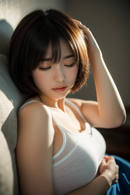(High resolution:1.3), (16k, Photorealistic, Raw photo, Best image quality: 1.4), Japanese, (One Girl), (Black-haired、short hair:1.3), Beautiful Hairstyles, (Realistic Skin), Beautiful skins, attractive, 超A high resolution, Surreal, High detail, Golden Ratio, Highly detailed cute girl,(20-year-old), Lying in bed, (Close your eyes tight:1.5), (Open your mouth 1.5)