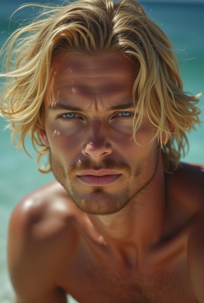 Cinematic soft lighting illuminates a stunningly detailed and ultra-realistic handsome Australian male supermodel, beach look, ultra short messy windy blonde hair, clear blue eyes, captivating perfect smile, sensual, hot man, insanely handsome, that is trending on ArtStation. Octane is the perfect tool to capture the softest details of this 16k photography masterpiece.