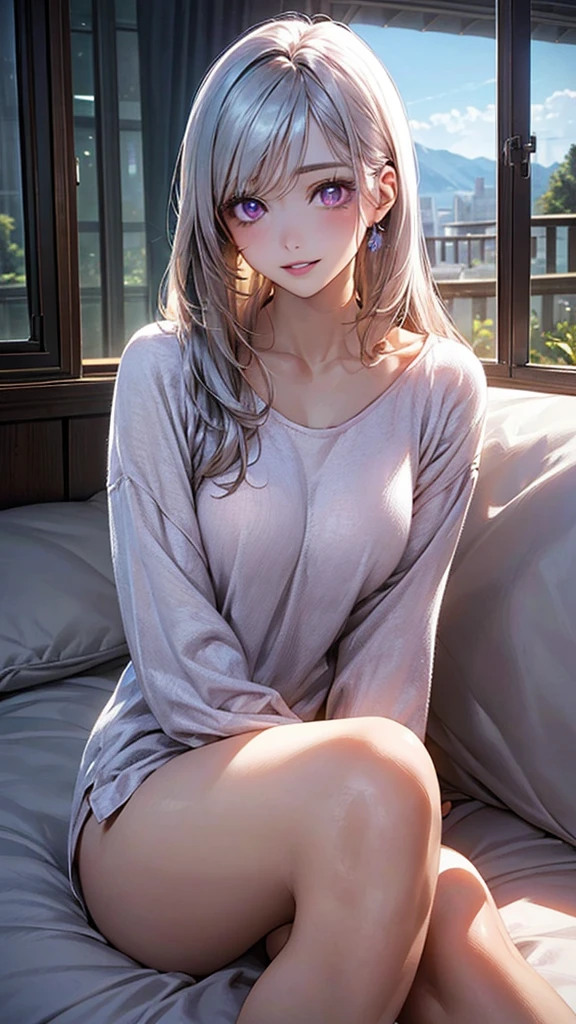 (top quality、masterpiece、very high resolution、Ultra high quality、High quality pixels)、perfect eyes, perfect face, alone,8k, large breasts,(Detailed description of hair), (Detailed description of face),(detailed description of body), Fair and translucent skin, gorgeous, long legs, facing the audience, Professional photography lighting,(Detailed yellow eyeball: 1.2), white hair, Girlfriend style, gentle expression, cowboy shot, (white oversized formal shirt: 1.2), model posture, pantless, long shirt covering underwear, girlfriend ssmile, Sit, bed, horse ear, long straight bangs, long straight hair
