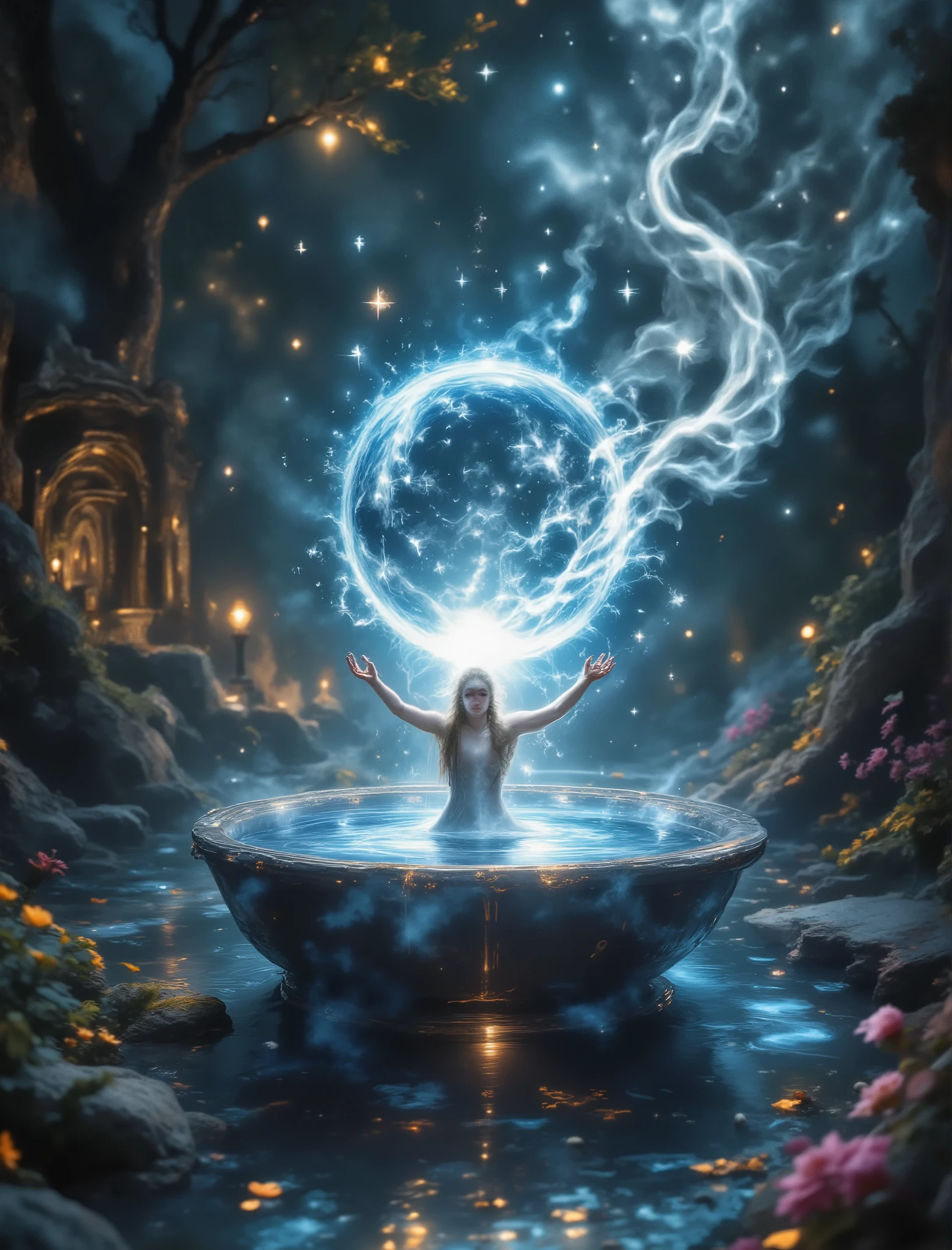  beautiful landscape , Moon in water, rays like white ribbons illuminate the image, very beautifully, rainforests filled with beautiful light smoke of green flowers, very dynamic picture, beautiful, Masterpiece, wallpaper, beautiful design, high quality, 8 k, best quality, perfect, complex textures, fantasy style,