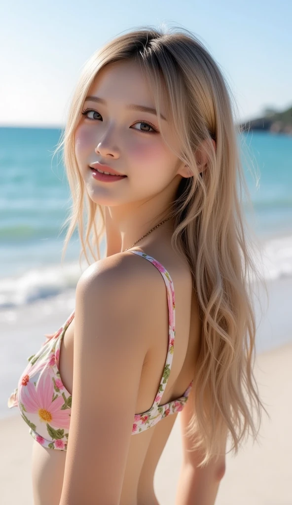 (8K, Highest quality, masterpiece:1.2), (Realistic, Realistic:1.37),Super detailed front, 19 year old girl,cute,Alone,Private beach、(naked)、Beautifully detailed skies,date,(blush),(smile:1.3),(Mouth open)Normal chest,Beautiful attention to detail,(Long Hair: 1.2),Floating Hair NovaFrogStyle,( Full body 2:1)、Blonde、ponytail、A beach with nice weather in midsummer、Playing with floats、Information Hair tied behind left ear