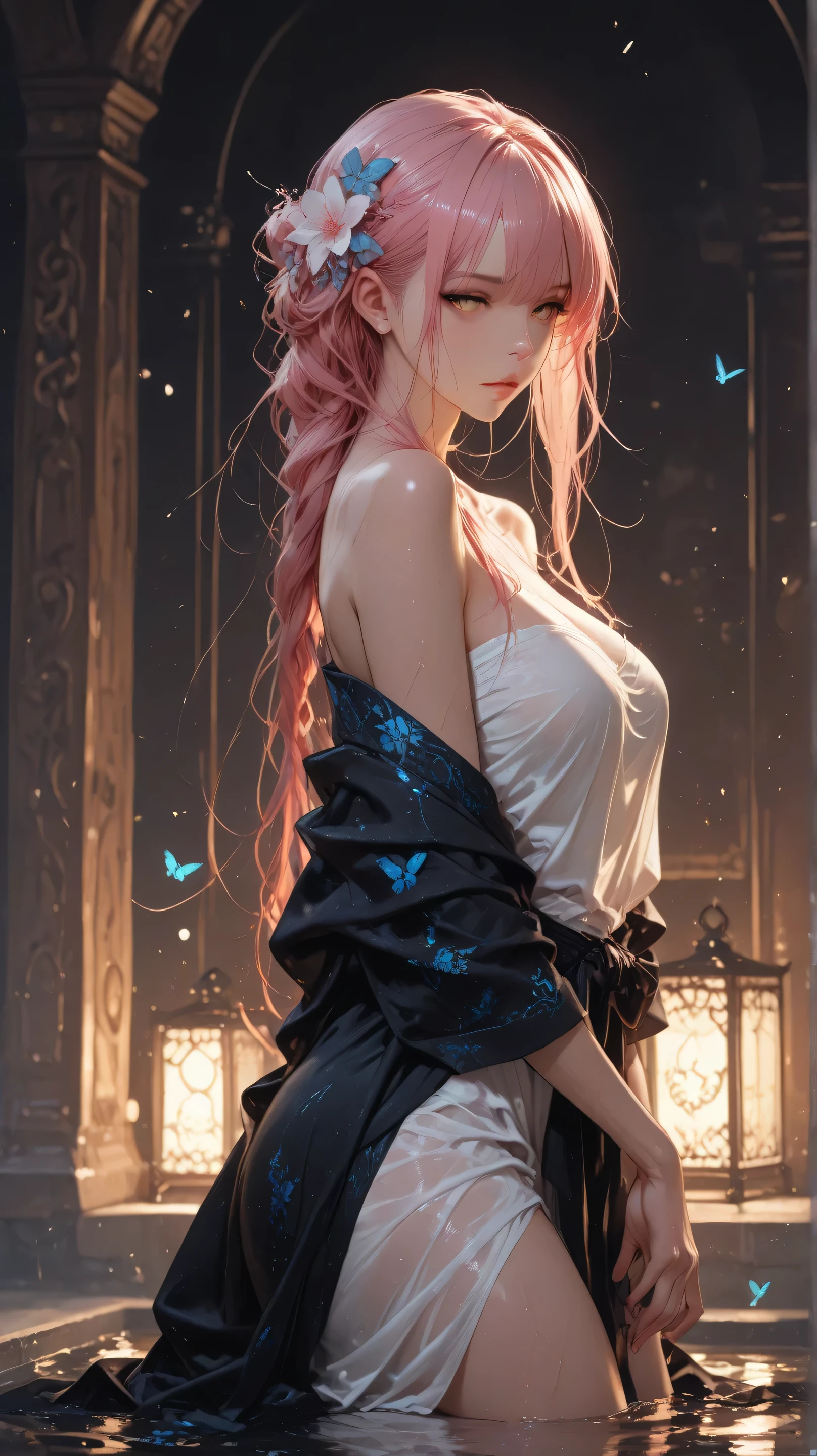 Masterpiece, Best Quality, Top Quality, Very Detailed, A stunning anime-style woman with long, wet auburn hair tied in a loose braid, golden eyes glowing softly under the dim lantern light. She is soaking in a warm, tranquil bath, her shoulders glistening with water droplets. She wears a delicate white wrap, slightly submerged, with a black robe slipping off her shoulders. The bath is surrounded by vibrant pink lilies and floating blue butterflies, their wings shimmering in the soft evening glow. The background showcases a traditional Asian spa with wooden panels and warm, ambient lighting. The atmosphere is peaceful, mystical, and dreamlike, with subtle light reflections dancing on the water. Ultra-detailed, anime-style, high-quality rendering.