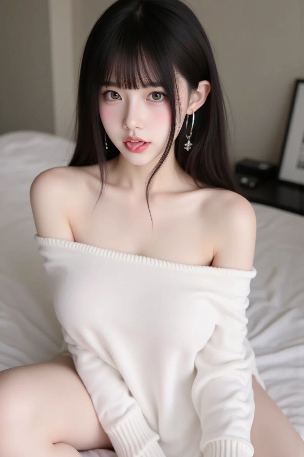 Black off-the-shoulder mini sweater dress,bare shoulder,(open mouth:1.5),(tongue out:2),lying,hand between legs,overhead shot,front view,face focus,(1girl,Beautiful old girl,teenager),((Slender,Small breasts,Small face,)),(looking at viewer),Black Hair,bangs,one side up,Beautiful and detailed,(Dimly lit room:1.5),White bed,pillow,Mischievous smile