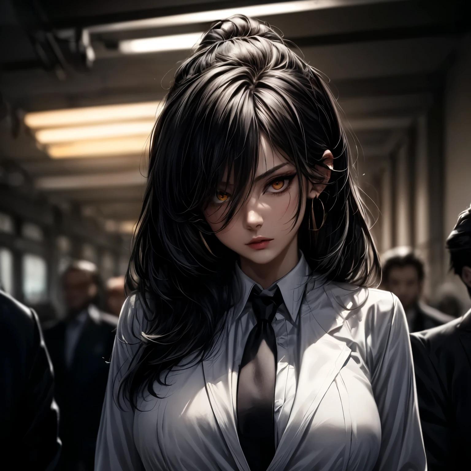 ((best quality)), ((Masterpiece)), ((Enrich the picture,Masterpiece level quality)), black hair, high ponytail, very big breasts, golden eyes, fierce woman, ultra eyes details, mafia boss, best quality, RAW 4K, Realistically, ( cinematic lighting, moody, textile shading), perfect proportions, ultra detailed, volumetric lighting, soft lighting, glossy skin, beautiful face, Special face details, strong emotions, elegant gesture, Detailed facial features, Long eyelashes, contrast, Incredible atmosphere, Fascinating setting, Haunting beauty , sexy white shirt , mafia suit , necktie , mini black skirt , office,
