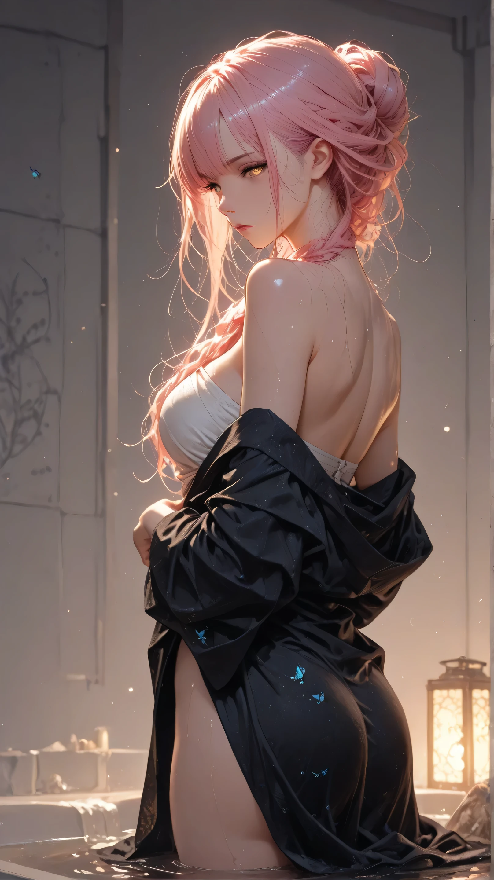 Masterpiece, Best Quality, Top Quality, Very Detailed, A stunning anime-style woman with long, wet auburn hair tied in a loose braid, golden eyes glowing softly under the dim lantern light. She is soaking in a warm, tranquil bath, her shoulders glistening with water droplets. She wears a delicate white wrap, slightly submerged, with a black robe slipping off her shoulders. The bath is surrounded by vibrant pink lilies and floating blue butterflies, their wings shimmering in the soft evening glow. The background showcases a traditional Asian spa with wooden panels and warm, ambient lighting. The atmosphere is peaceful, mystical, and dreamlike, with subtle light reflections dancing on the water. Ultra-detailed, anime-style, high-quality rendering.