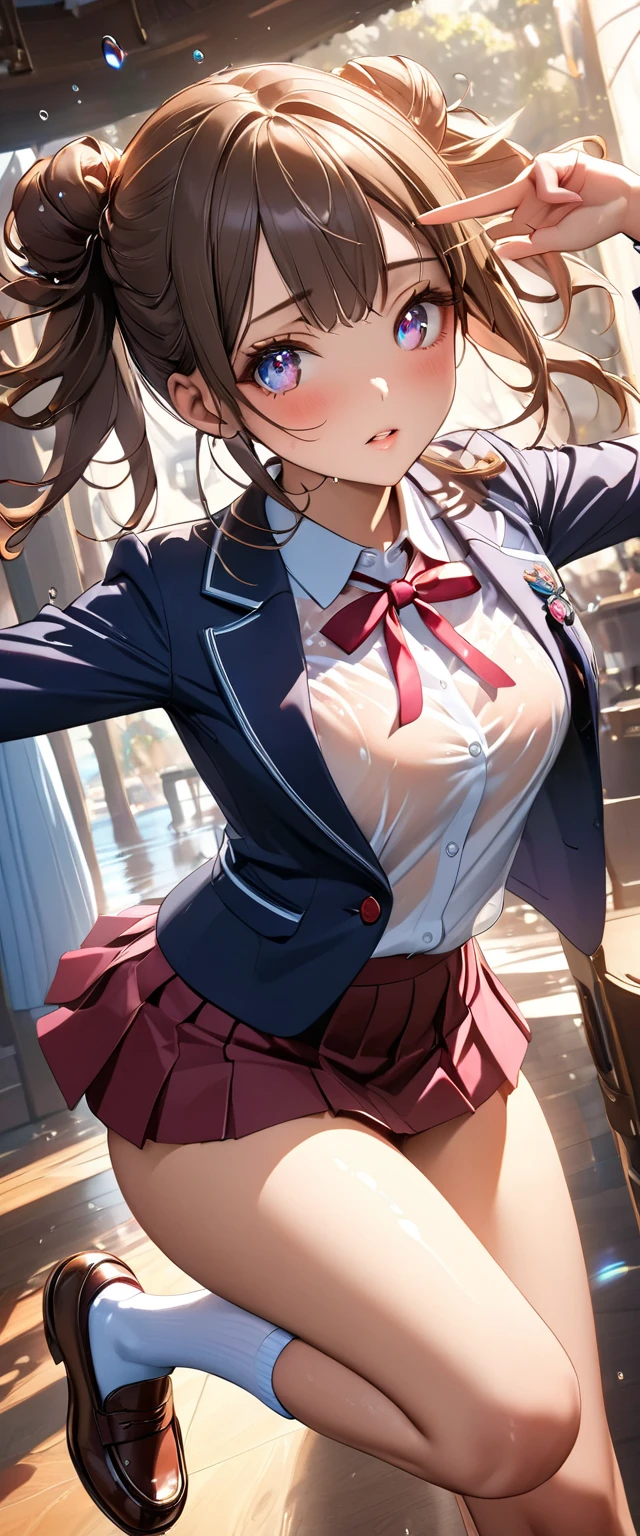 ((highest quality, High resolution, perfect pixel, 4k))), 1 woman, beautiful woman、I could see the whole body、walking down the subway stairs、lots of commuters、 ((ponytail, bangs, brown hair)), ((brown eyes, beautiful eyelashes, realistic eyes)), ((detailed face, blush:1.2))、((smooth texture:0.75, realistic texture:0.65, realistic:1.1, Anime CG style)), large breast, dynamic angle, perfect body, ((red bow tie, Black open jacket, white shirt, black mini skirt, plaid skirt)), embarrassing smile、 (The wind is blowing up my skirt:1.3)、(Panties with highly detailed and luxurious decorative lace、white lace satin panties:1.3), Diagonal side angle