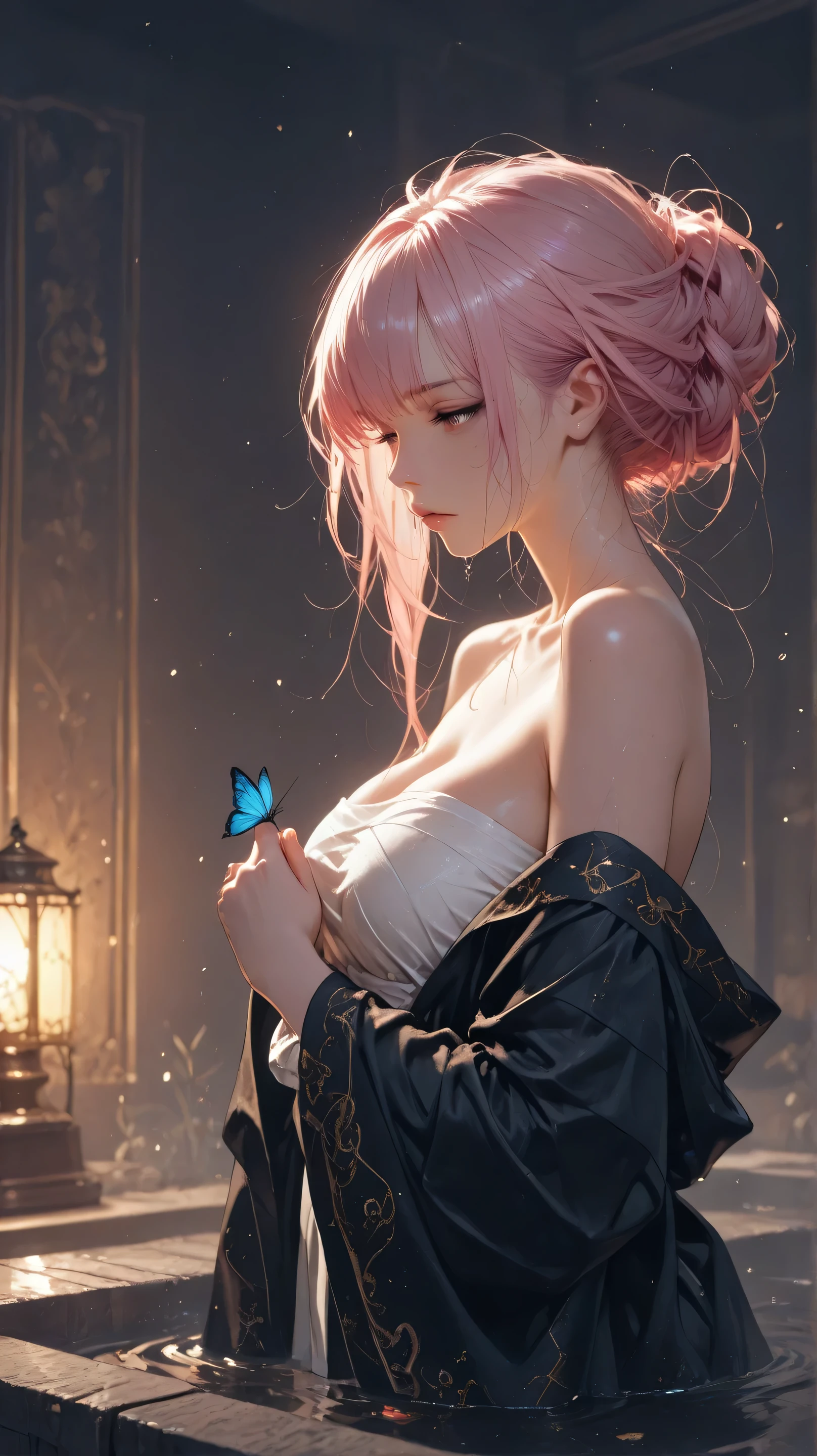 Masterpiece, Best Quality, Top Quality, Very Detailed, A stunning anime-style woman with long, wet auburn hair tied in a loose braid, golden eyes glowing softly under the dim lantern light. She is soaking in a warm, tranquil bath, her shoulders glistening with water droplets. She wears a delicate white wrap, slightly submerged, with a black robe slipping off her shoulders. The bath is surrounded by vibrant pink lilies and floating blue butterflies, their wings shimmering in the soft evening glow. The background showcases a traditional Asian spa with wooden panels and warm, ambient lighting. The atmosphere is peaceful, mystical, and dreamlike, with subtle light reflections dancing on the water. Ultra-detailed, anime-style, high-quality rendering.