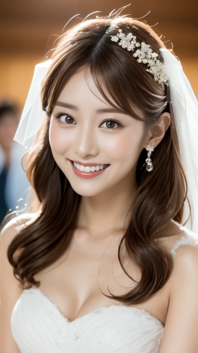 (Best Quality, 8k, 32k, Masterpiece, UHD: 1.2), Dainty Japan Woman Pictures, 1 Girl, (Dark Brown Hair), Double Eyelids, (Big: 1.2), Sexy, (Wedding Dress, Wedding Veil)), (Deep Slit: 1.2), (Side Boob), (Smile: 1.1), Overhead Shot
