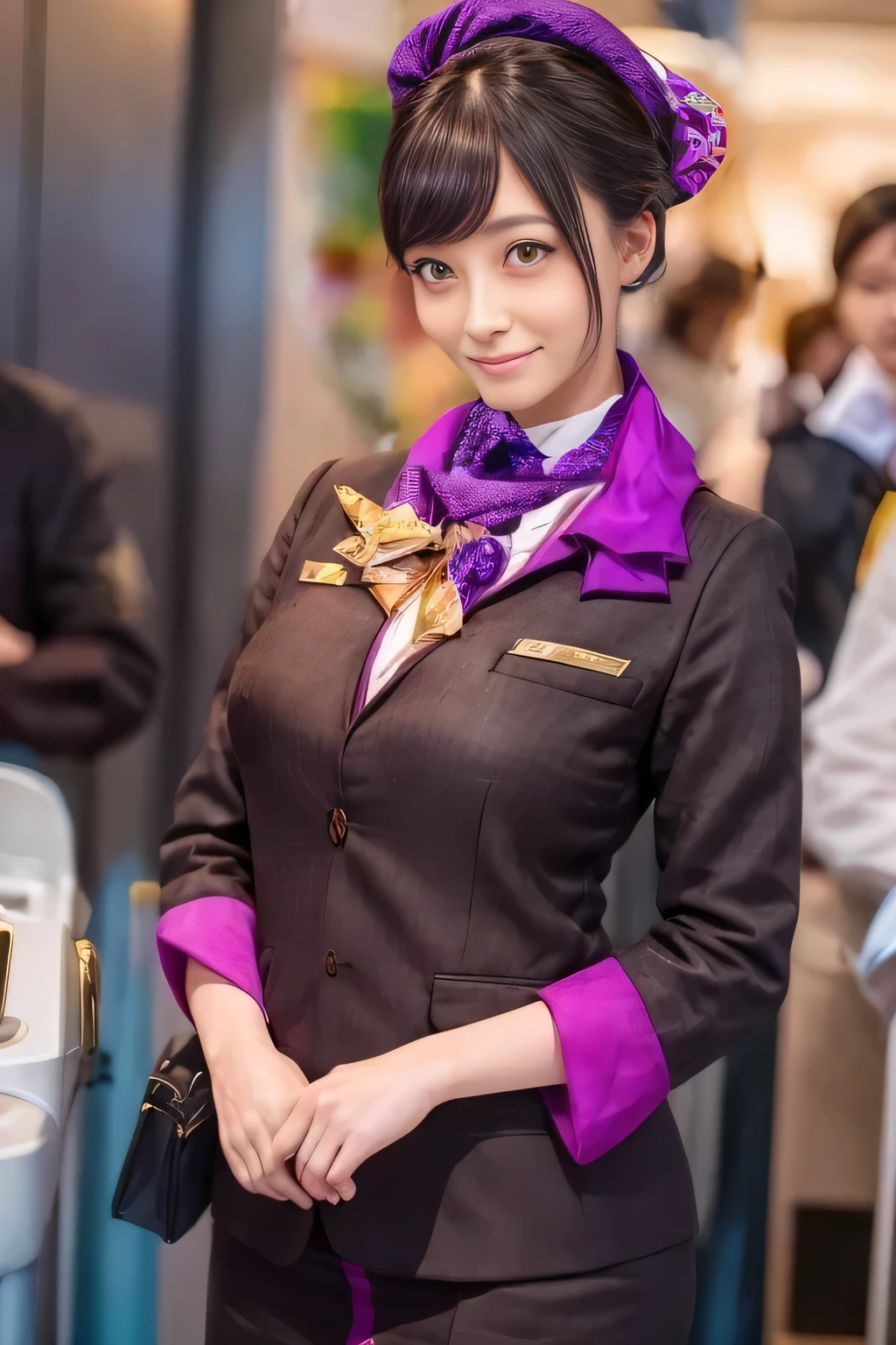 (masterpiece:1.2、 Best Quality :1.2)、32kHDR、 high definition、(alone、 1 girl、 slim figure)、（Realistic reproduction of Etihad Airways flight attendant uniforms）、 (At the airport counter, professional lighting )、A proper woman,  beautiful face,、（Etihad Airways flight attendant uniformsの長袖）、（Etihad Airways flight attendant uniforms、Skirt with purple stripes on the front  ）、（  scarf wrapped around neck  ）、  、（ long hair、 hair bangs）、 dark brown hair 、 long hit 、（（  amazing hand  ：2.0））、（（A harmonious body shape：1.5））、（（Normal limbs：2.0））、（（Usually ：2.0））、（（ watch：2.0））、（（Normal eyes：2.0））)、   beautiful kimono standing  、smile