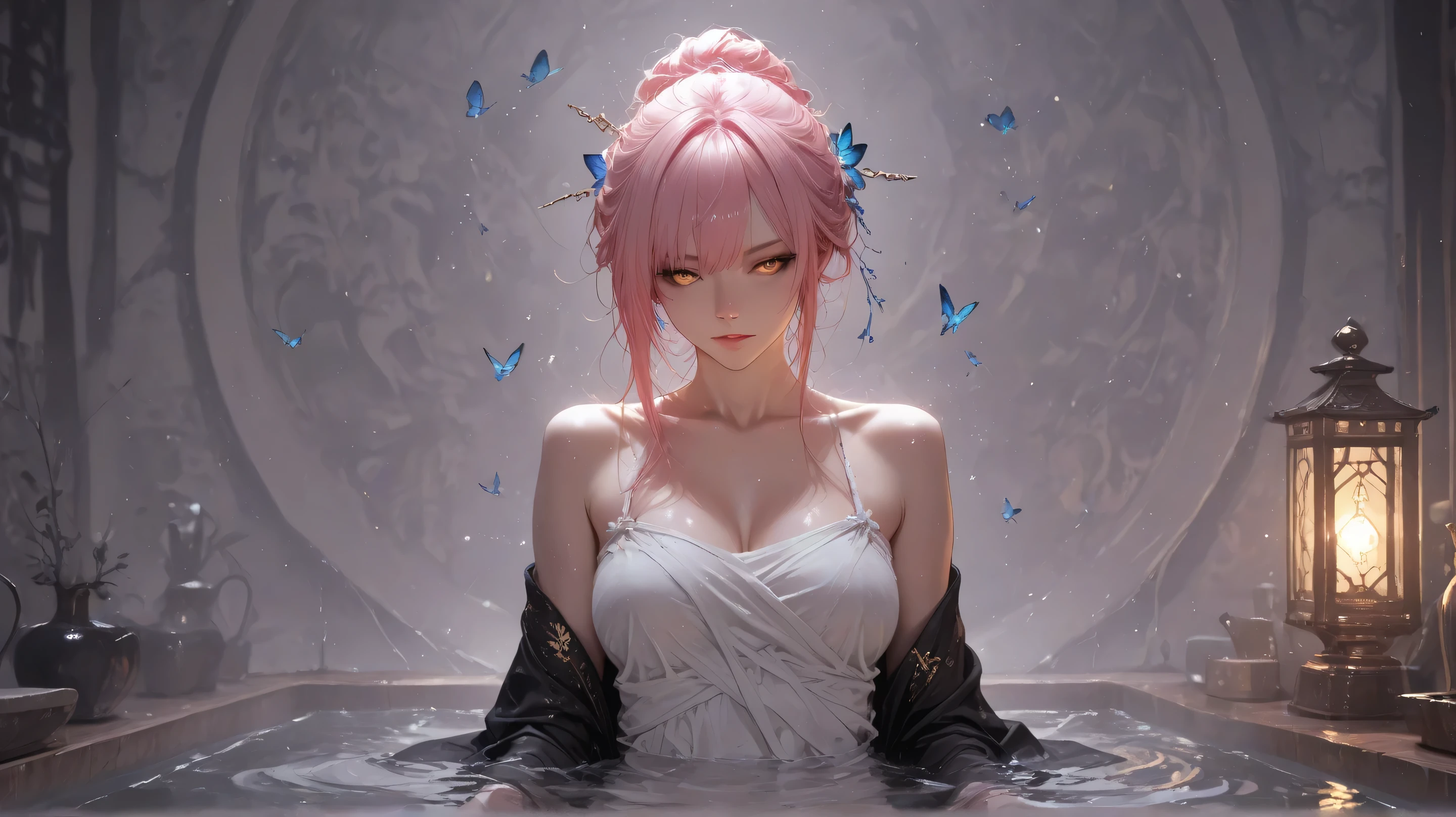 Masterpiece, Best Quality, Top Quality, Very Detailed, A stunning anime-style woman with long, wet auburn hair tied in a loose braid, golden eyes glowing softly under the dim lantern light. She is soaking in a warm, tranquil bath, her shoulders glistening with water droplets. She wears a delicate white wrap, slightly submerged, with a black robe slipping off her shoulders. The bath is surrounded by vibrant pink lilies and floating blue butterflies, their wings shimmering in the soft evening glow. The background showcases a traditional Asian spa with wooden panels and warm, ambient lighting. The atmosphere is peaceful, mystical, and dreamlike, with subtle light reflections dancing on the water. Ultra-detailed, anime-style, high-quality rendering.