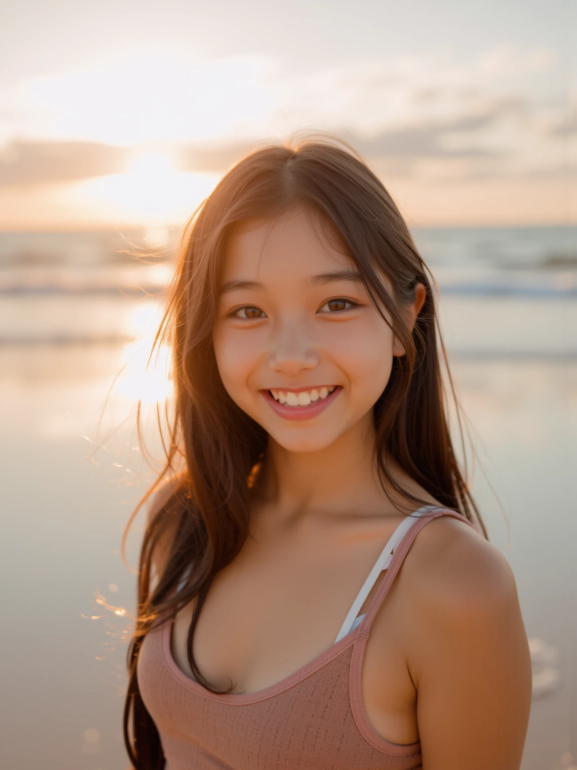 8K, (Surrealistic: 1.35), (realistic: 1.4), 1 Beautiful Japan Girls, smile, One, light makeup, masterpiece, excellent quality, high quality, puberty, (((Super Micro Bikini)))、 ((perfect body)), ((best image quality)), ((time)), ((very delicate and beautiful)), ((Very shallow depth of field)), nffsw, ((incredibly shallow depth of field. familiar with)), (((very delicate and beautiful))), (((Very shallow depth of field))), nffsw, (((incredibly absurd))), (((perfect body))), (((dye hair blonde )))), (((long hair)))), (((Camera Eye))), (((small))), (((幸せな最高のsmile))), poor, Own + background, dynamic angle, female focus, {particles of light}, detailed background, ((paul hedley)), soft lighting, (dramatic) sunset), sunset, very beautiful sunset, live action, realistic, top angle, かわいいsmile, (background blur), 18-year-old, skinny, ((strong wind)), ((movement ))), ((emotion)), ((colorful)), ((baby face)), ((beautiful teeth)), Withering, ocean background、