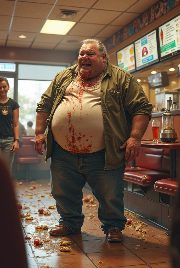 cinematic and vivid, a deranged obese donald trump with crossed eyes  in a straitjacket drooling in a mcdonalds