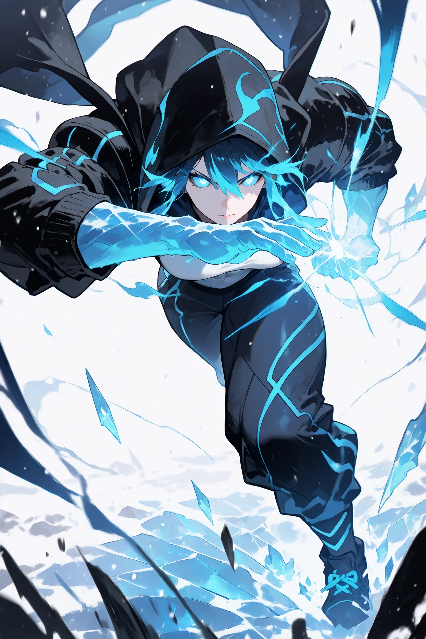 solo, silhouette, Ice Powers, ((Female)), muscular Elf character, wearing a black hoodie with blue line details, white t-shirt, wallpaper quality, on a loading screen, fighting stance, solo, aura, waist up, (Human Body, ice Appearance, black and blue Highlighted hair), sinister stare, neon lighting, blue eyes, white sclera, glowing eyes, glowing blue highlights, ice shards, Glowing border, snow in background, Glowing Symbol, (Athletic muscles:1.5), black hoodie, Tight blue pants, dress pants, masterpiece, ((Simple White background)), correct anatomy, correct hands, best quality,