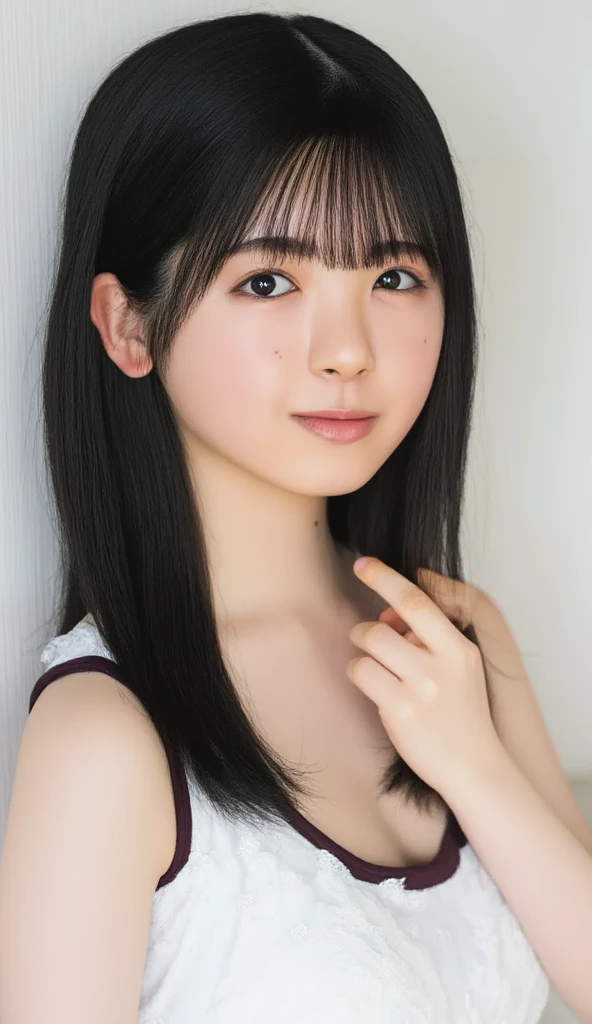 Very young Japanese,Grey short sleeve ribbed knit,big breasts,Black Hair,Long Hair,Soft lips,Fine skin,(Glowing Skin),(masterpiece:1.4),(Highest quality:1.4),white background,medium close-up shot,straight-on,looking away