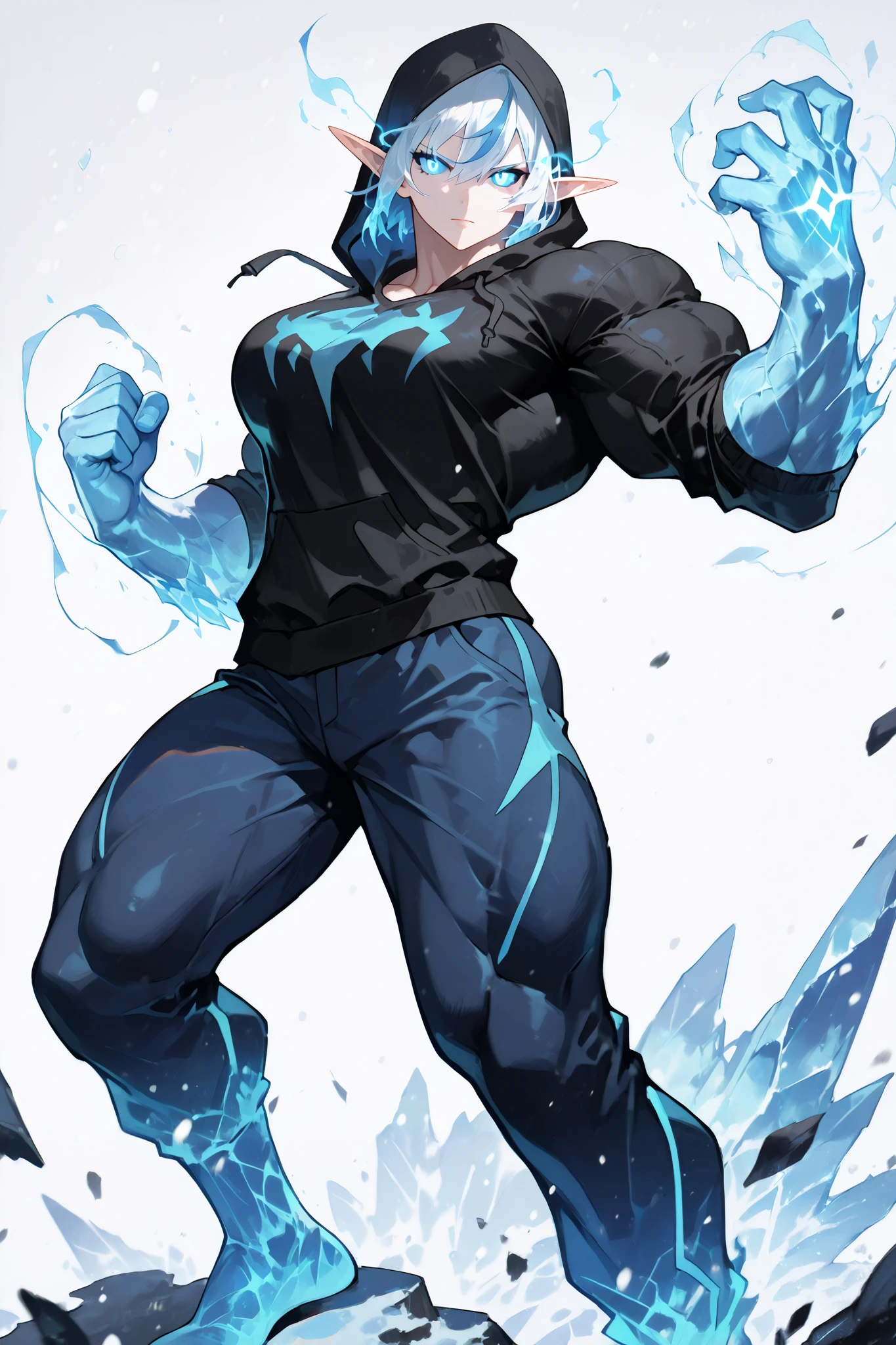 solo, silhouette, Ice Powers, ((Female)), muscular Elf character, wearing a black hoodie with blue line details, white t-shirt, wallpaper quality, on a loading screen, fighting stance, solo, aura, waist up, (Human Body, ice Appearance, black and blue Highlighted hair), sinister stare, neon lighting, blue eyes, white sclera, glowing eyes, glowing blue highlights, ice shards, Glowing border, snow in background, Glowing Symbol, (Athletic muscles:1.5), black hoodie, Tight blue pants, dress pants, masterpiece, ((Simple White background)), correct anatomy, correct hands, best quality,