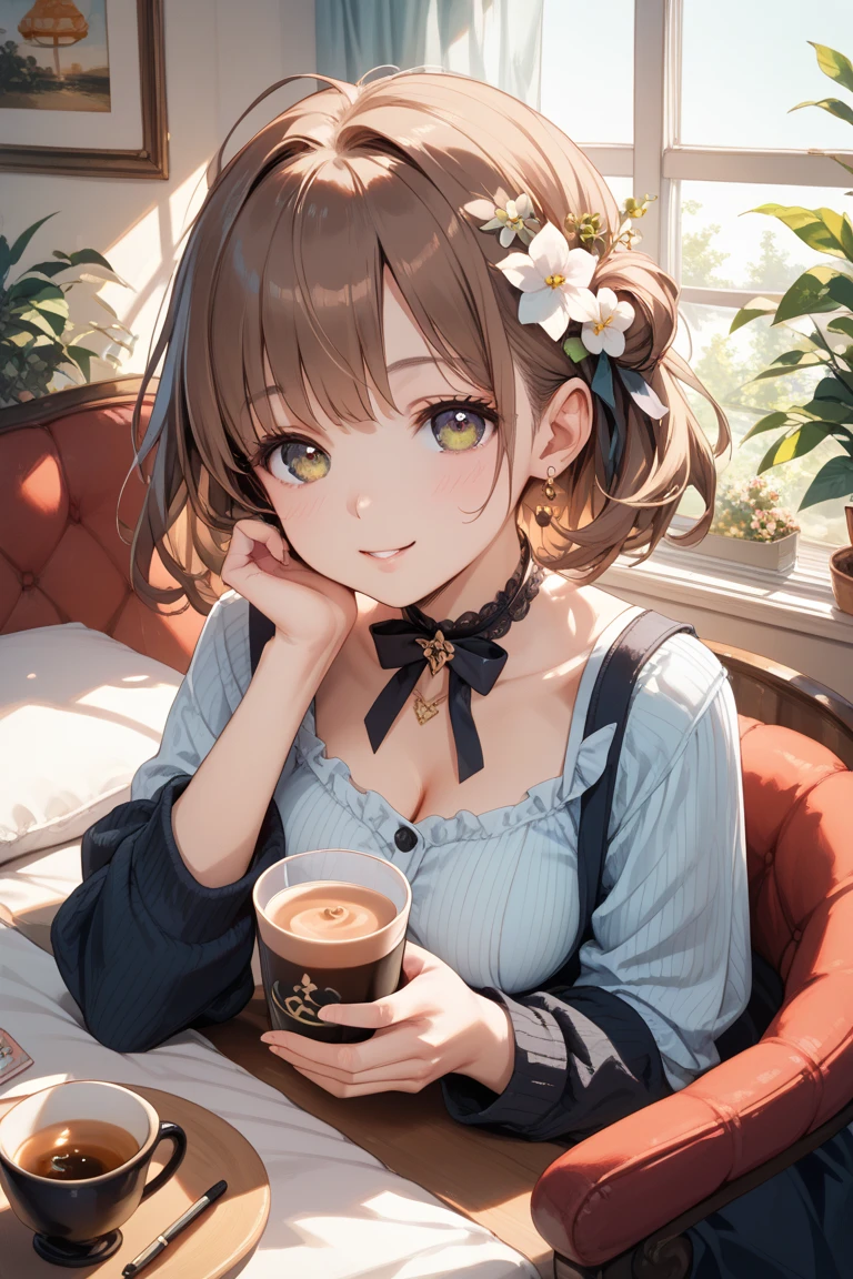 ((masterpiece)), ((Highest quality)), (Very detailed), ((cute)), cute, (Lovely), ((sexy)), (device), ((Very detailed)), 4K, (8K), Highest quality, (beautiful), Anime Style, Upper Body, Focus on the face, Whole body concentration, office, computer, morning, a cute girl, 1 Girl, alone, suit, beautiful light brown hair, beautiful purple eyes, ((beautiful eyes)), White skin, ponytail, Transparent Hair, Translucent hair, Big Breasts, Earrings, necklace, cup, coffee, A light smile, Lens flare, Reflection effect,Super mini clothes,