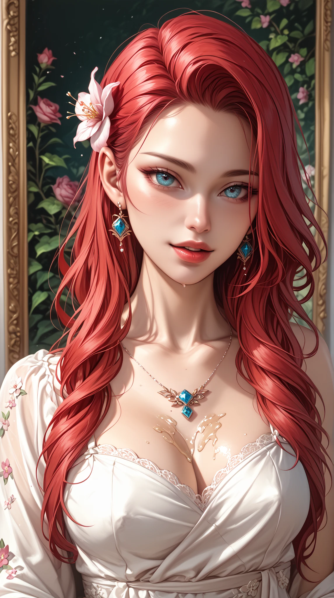 ((best quality, masterpiece, 4k, Best anatomy)), moody lighting, beautiful elf woman, ((crimson red hair)), ((very long hair)), perfect face, innocent smile, sparkling eyes, ((blue gray eyes)), ((naked)), (()), ((slender)), ((flat chest)), ((18 years old)), skindentation, extreme detail, attractive oval face, pink lips, pink nipples, glossy skin, detailed hair, face focus, close-up chest, gold ornamental necklace, earrings, ((1 girl)), blush, embarrassed expression, anime girl,
