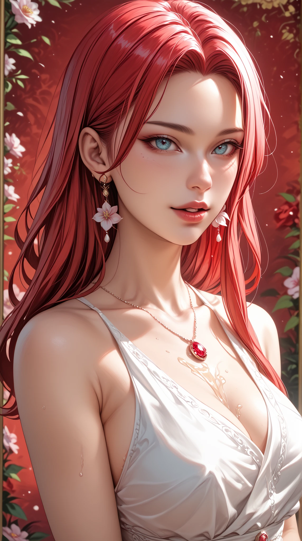 a 25-year-old young woman, with slanted eyes and a thin face, with red head, fair skin and brown eyes, wearing red lipstick and a white flowery dress, with a tattoo of the medusa from mythology Greek on the right arm.