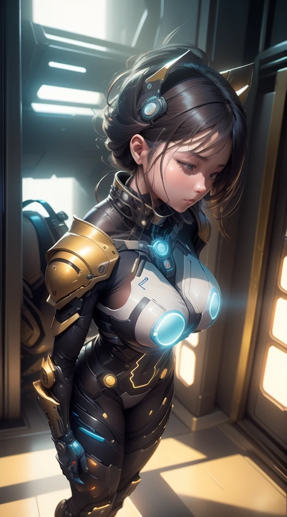 (((in hyper realistic and detailed golden lines neon-lit sci-fi plugsuit white armor, aethereal aesthetic style))) beauty woman brunette with horsetail, intricate perfect beauty face, detailed sharp eyes, detailed face, (((from face to the waist))), (((beauty shape))), masterpiece, 4k, UHD