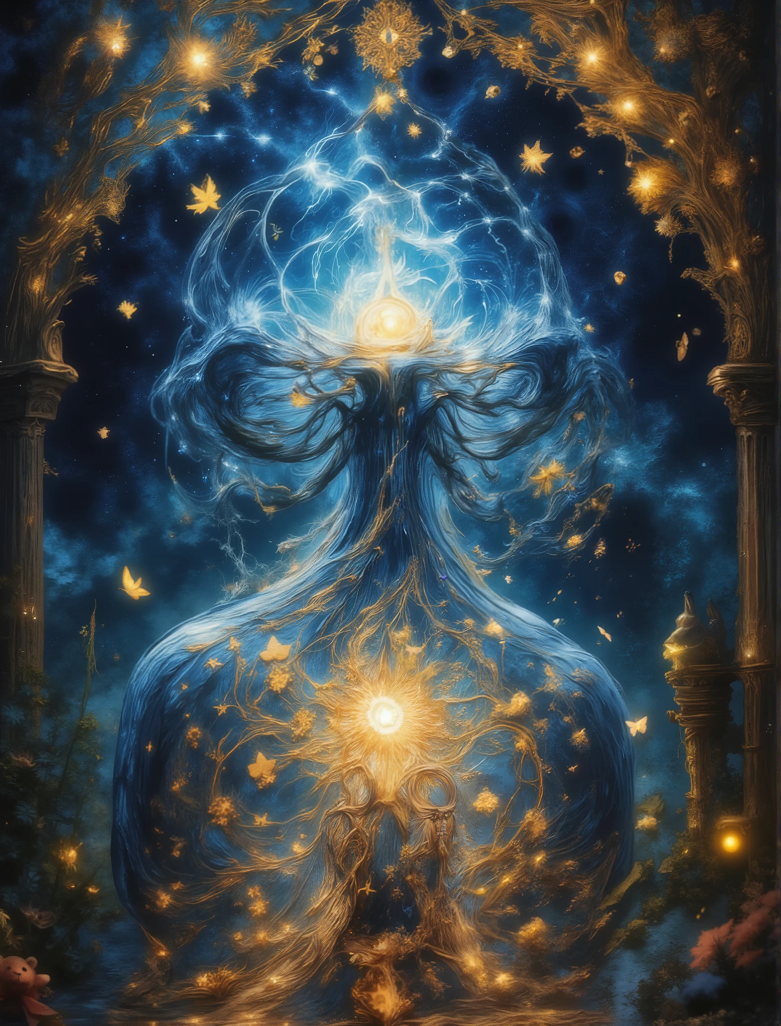 Image Embroidered on Wonderful Canvas, Drawings of beautiful animals, beautiful colors, stars, intertwine gold patterns, Beautiful bows and butterflies, Gorgeous neon colors complement the image, delicate Night color, very accurate , high quality, best quality, A complex composition, fantasy style, beautiful, great ,