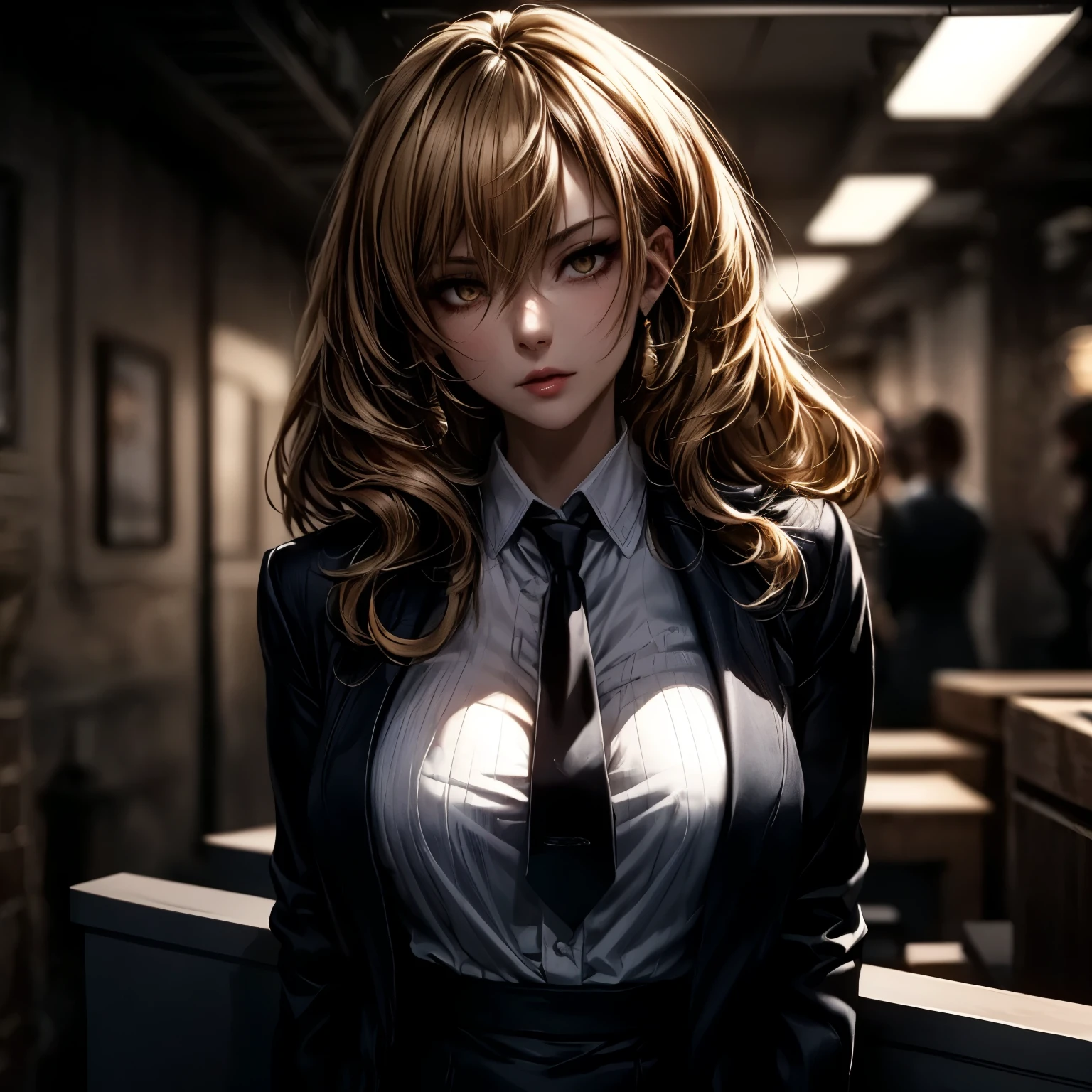 ((best quality)), ((Masterpiece)), ((Enrich the picture,Masterpiece level quality)), golden hair, high ponytail, very big breasts, golden eyes, fierce woman, ultra eyes details, mafia boss, best quality, RAW 4K, Realistically, ( cinematic lighting, moody, textile shading), perfect proportions, ultra detailed, volumetric lighting, soft lighting, glossy skin, beautiful face, Special face details, strong emotions, elegant gesture, Detailed facial features, Long eyelashes, contrast, Incredible atmosphere, Fascinating setting, Haunting beauty , mini white shirt , mafia suit , necktie , mini black skirt , office,