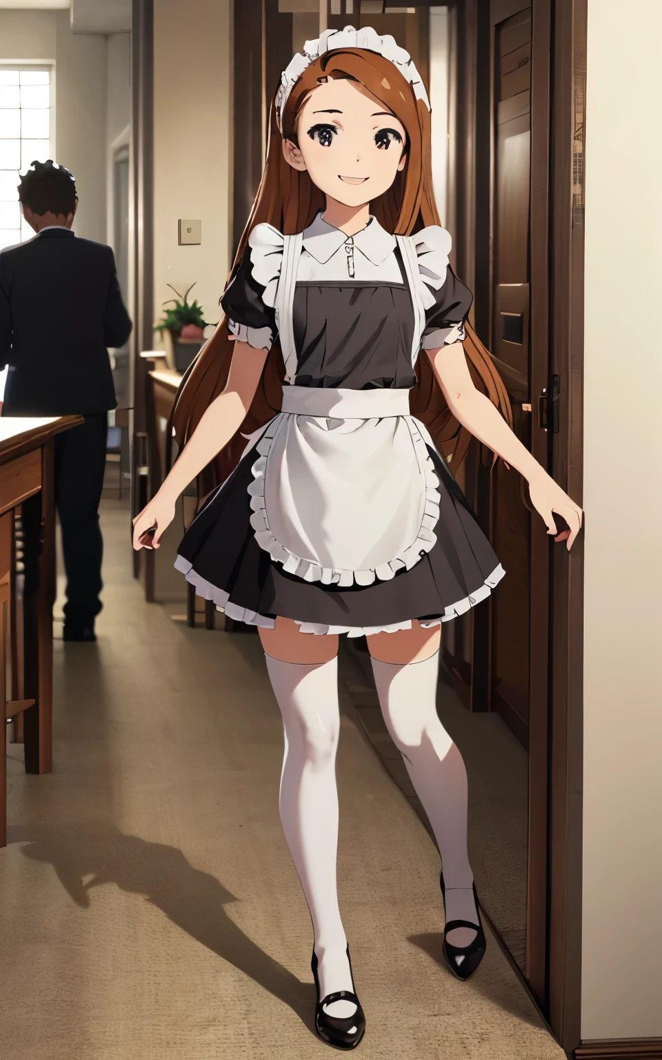   (best quality), (masterpiece), (High Resolution), (anime_style), beautiful girl, (mini-skirt maid, (Ultra mini skirt), (white thighhighs), mary Jane shoes, maid cafe, full body, Dazzling Smile、