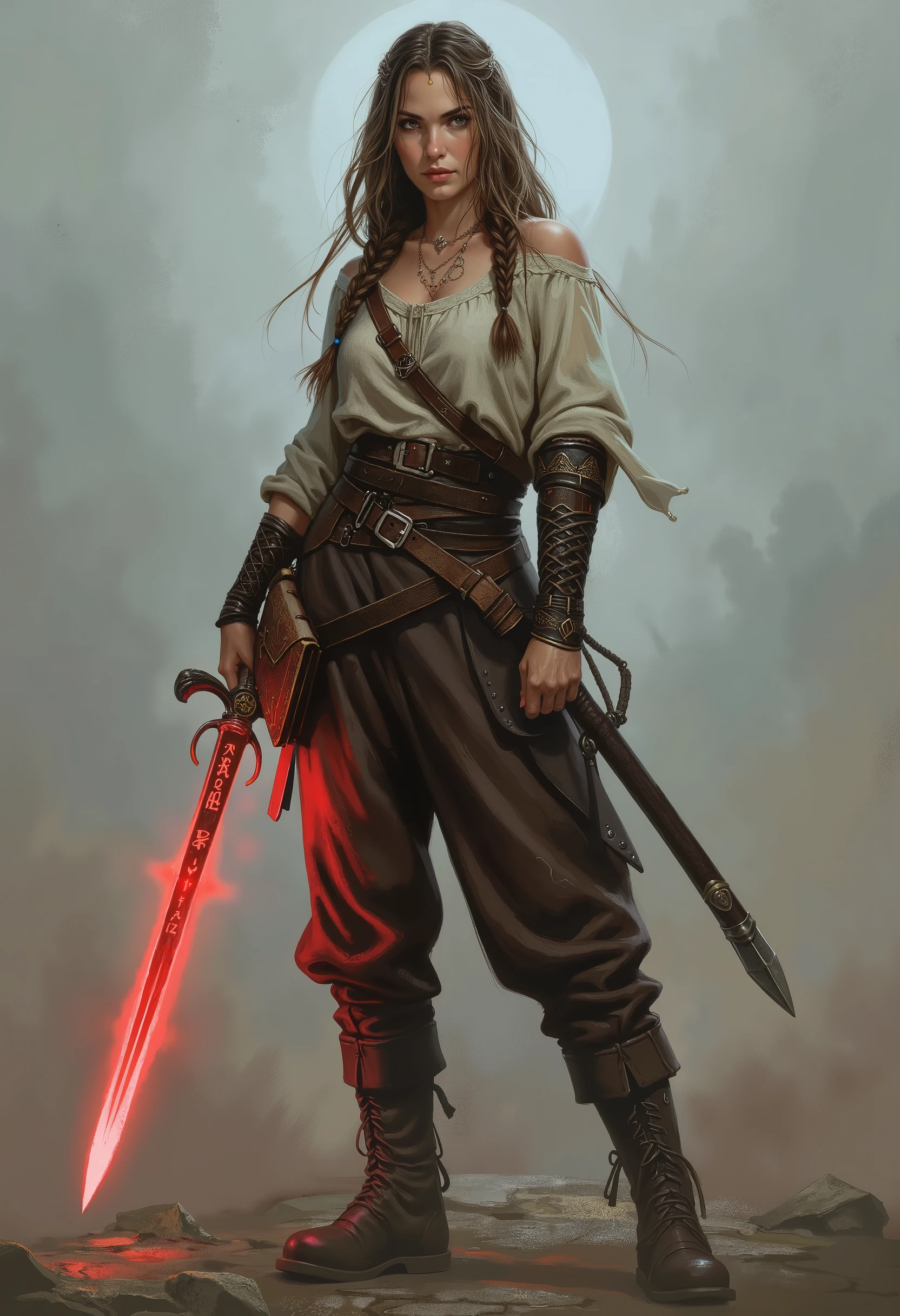 A digital drawing featuring a woman with braided hair and wearing a loose fitting tunic and laced leather pants, a bound tome hangs from her belt, and she is holding a thin black fencing sword with red runes and a glowing red aura