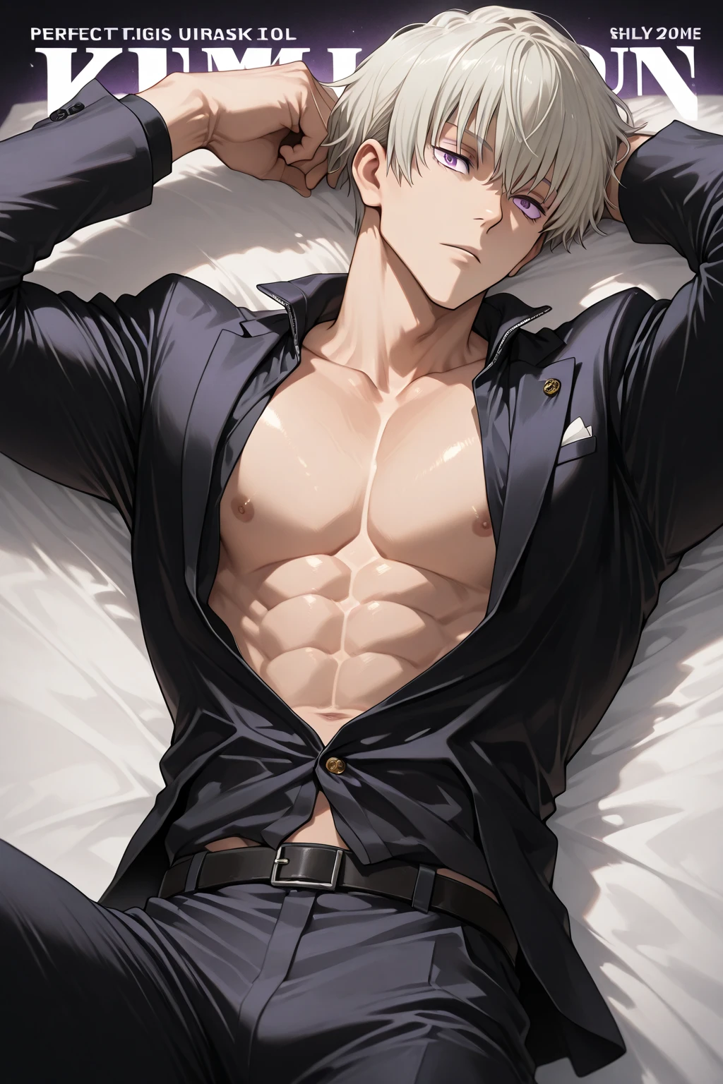 (masterpiece,best quality,ultra_detailed,highres,absurdres),1 mature male, 30-ish, (wide shoulder), (muscular), big body, male focus, solo, blue eyes, blue eyes color, upper body, short hair, white hair, albino boy, looking at viewer, smile face, parted lips, round eyewear, Masterpiece, high quality, best quality, HD, realistic, perfect lighting, detailed body, 1 man, black shirt, calm expression,