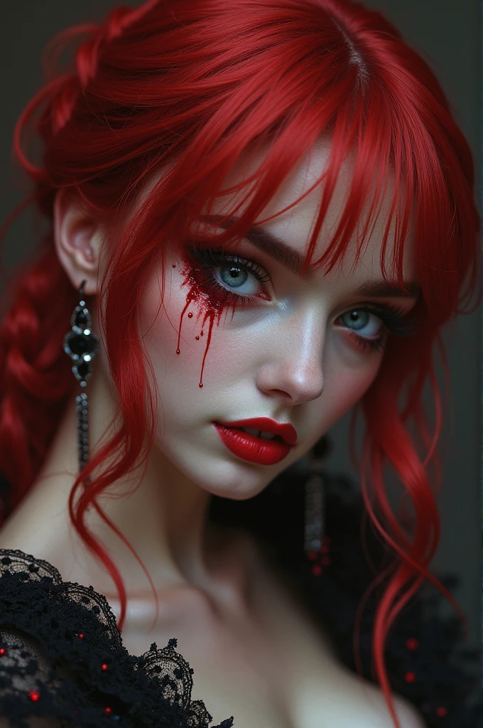 aa portrait of vampire with a bloody tear coming down from he eye, an exotic beautiful female vampire, pink hair color, dynamic hair style, ultra detailed face, best detailed face, silver eye color, ((1single red teardrop: 1.3)), ((tear drop made from blood)), ((teardrop coming down from the eye: 1.3)), small cleavage, wearing two black diamond earrings, Ultra-high resolution, High Contrast, (masterpiece:1.5), highest quality, Best aesthetics), 16K fantasy art, best details, best quality, highres, (ultra wide angle: 1.2), 16k, [ultra detailed], masterpiece, best quality, (extremely detailed), ladyshadow, magical sky, crying style, vampire teeth