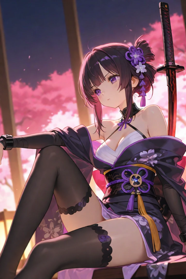 shuten douji (fate), 1girl, solo, breasts, looking at viewer, smile, short hair, open mouth, bangs, long sleeves, ribbon, navel, holding, bare shoulders, sitting, purple eyes, purple hair, small breasts, japanese clothes, open clothes, horns, barefoot, wide sleeves, kimono, off shoulder, red ribbon, cup, sash, petals, makeup, fangs, obi, bob cut, cherry blossoms, revealing clothes, alcohol, oni horns, knee up, oni, headpiece, eyeliner, leg ribbon, sakazuki, purple kimono, sake, skin-covered horns, ankle ribbon