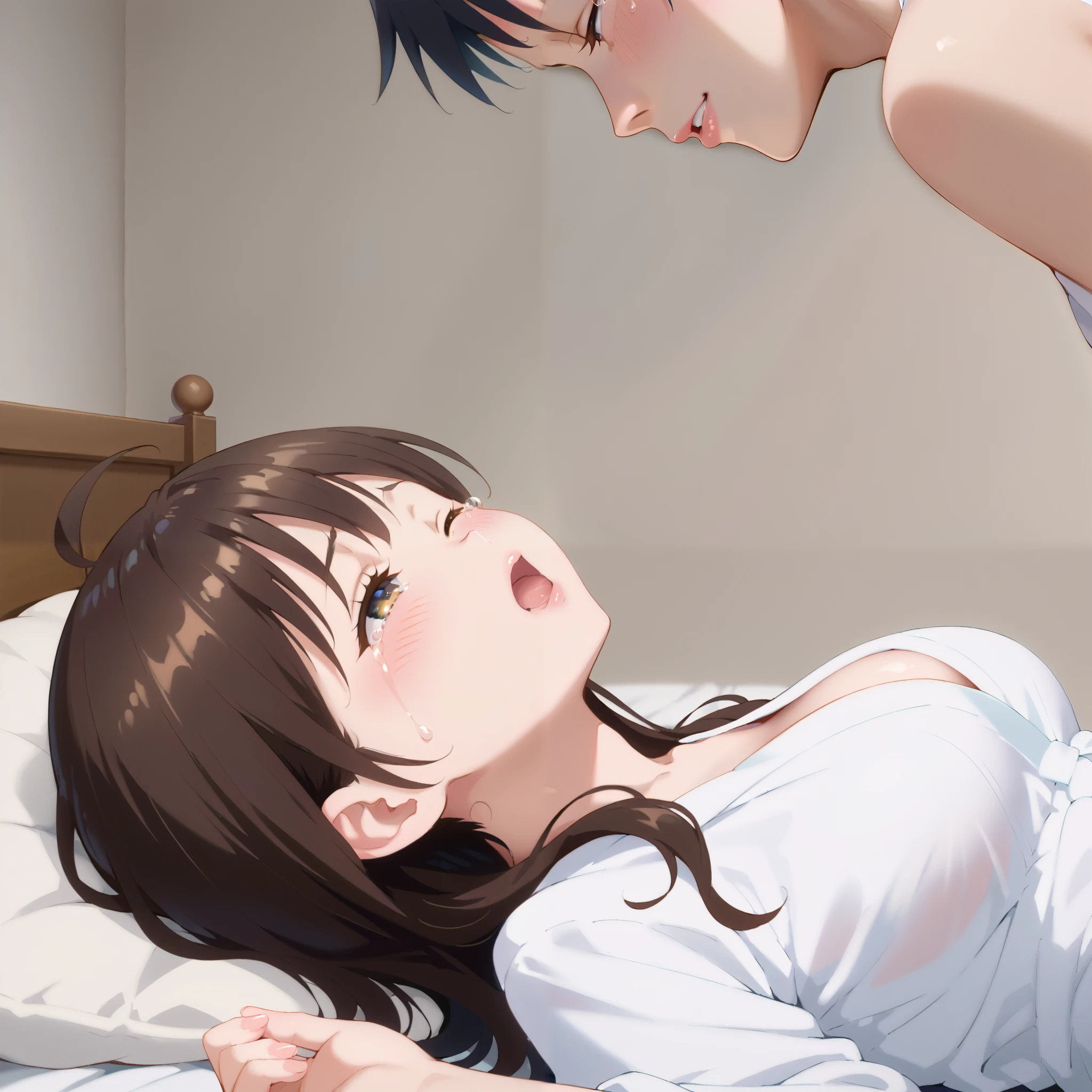 highest image quality taken by Ki、 High Quality 、(( full body shot ))girl, embarrassing, close eyes, red cheek,, white bathrobe, large breasts, dating, in dark hotel room, lie on back, bed, nsfw, orgasm, sex , man,A man is having sex with a woman , throw, crying face, shy face ,one eye closed,Assatis FIDE LOOK ,beautiful light of inspiration, Yukori Mitsugi,from side