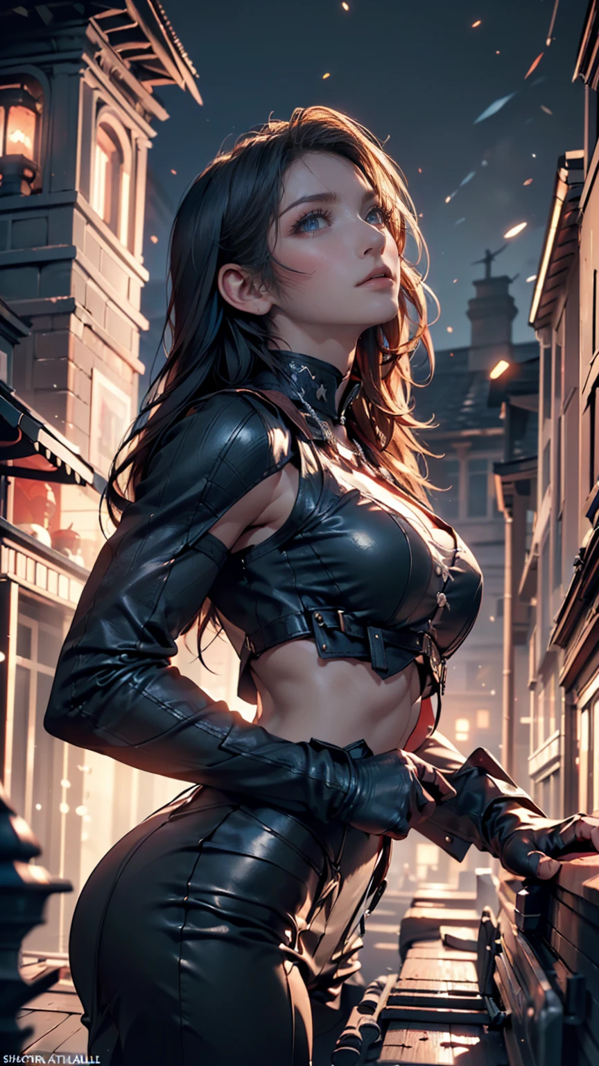 Masterpiece, best possible quality (UHD photographic low angle shot,) ((of a gorgeous stealthy and agile thief and adventurer in the middle of a street, in a dystopian city under attack, by what appear to be humans that have been infused with Viper DNA, The girl was no older than 19 years old, but could fight like she was born for it, natural beauty, stunningly beautiful, (((Ultra-fine-detailed fashion model looks and figure))), long, detailed, flowing ponytail)), ((holding a long dagger and a .50 desert eagle)), razor-sharp curved blades, in a fighting stance dressed in a leather, scrapped metal and fur lined garments that didn't leave too much to the imagination, consistent with the local tribes. (((It was her very fit body that was exuding a bright blue glowing aura, a luminescence that would light the street at night if it came to that, coming from her body in all directions))), wide-angle lens f/1.8, horrible battle imagery, magical bright blue rays of energy, explosions of earth, fire and smoke, swordplay, exciting action, fierce gaze, Ultra-high-quality, Ultra-fine-details, dystopian, post-apocalyptic setting, cinematic movie still, masterpiece, the best quality possible, highest possible resolution, 8k, ray tracing, HDR, UHD, volumetric lighting, Absurd resolution, textured details, excellent composition and lighting, golden hour, rule of thirds, over the shoulder, back view, God rays, God particles, Unreal Engine 5, Unity Engine, Blender, corona render, octane render, masterpiece, maximum detail