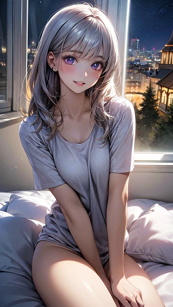 (masterpiece:1.2, top-quality), (realistic, photorealistic:1.4), beautiful illustration, (natural side lighting, movie lighting), nsfw,
looking at viewer, 1 girl, university student, perfect face, cute and symmetrical face, shiny skin,
(long hair:1.2, straight hair:1.5, sideburns:1.8, silver hair), asymmetrical bangs, purple eyes, drooping eyes:1.5, big eyes:1.5, long eye lasher, (medium breasts, thin thighs), slender,
beautiful detailed hair, beautiful detailed face, beautiful detailed eyes, beautiful clavicle, beautiful body, beautiful chest, beautiful thigh, beautiful legs, beautiful fingers,
(light pink sleep shirt),
(beautiful scenery), night, (hotel bedroom, window), sitting, (lovely smile, upper eyes, parted lips),