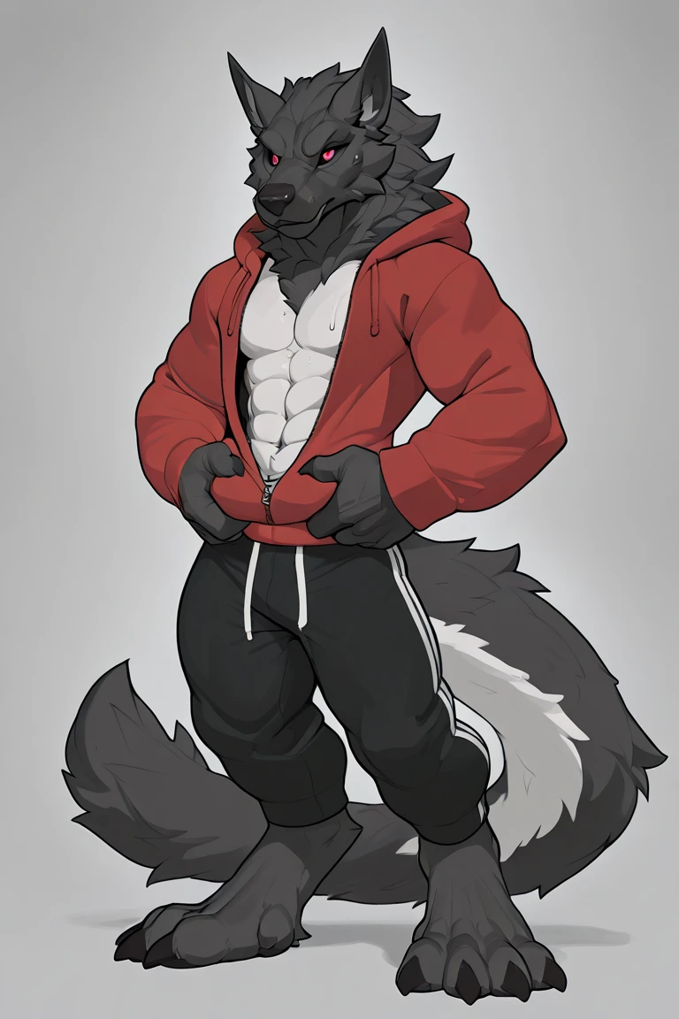 A white dog with green eyes shirtless in the forest wearing a sweats and a black and white letterman jacket and a big bulge