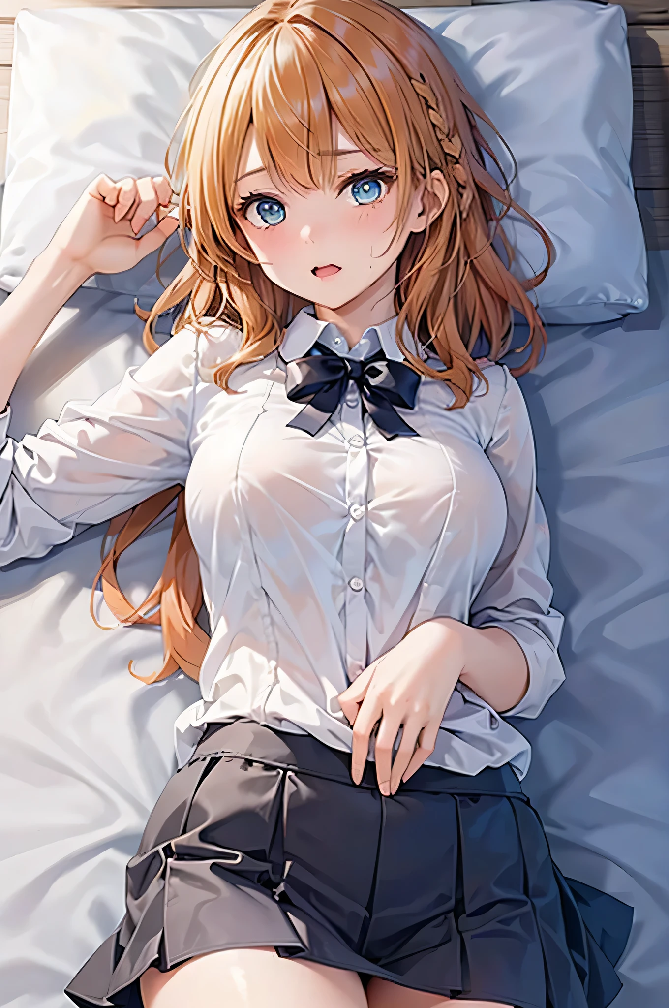 cinematic lighting, best quality, masterpiece, highres, detailed, perfect anatomy, nilou \(genshin impact\), on bed, see-through, oversized shirt, white shirt, bowtie, medium breasts, nipples under shirt, looking at viewer, standing, cowboy shot, lingerie panties, lying, on back