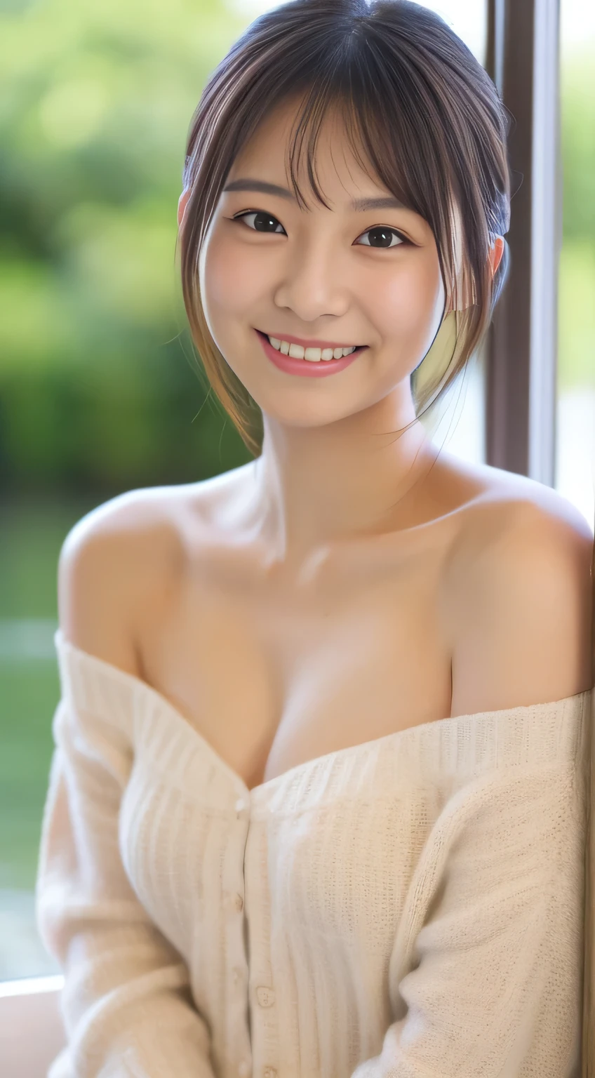 masterpiece,best quality,(Japanese girl),((Beautiful girl)),cleavage,(off shoulder:1.2),(perfect body beauty:1.2),(shy smile),beautiful teeth,From slightly above