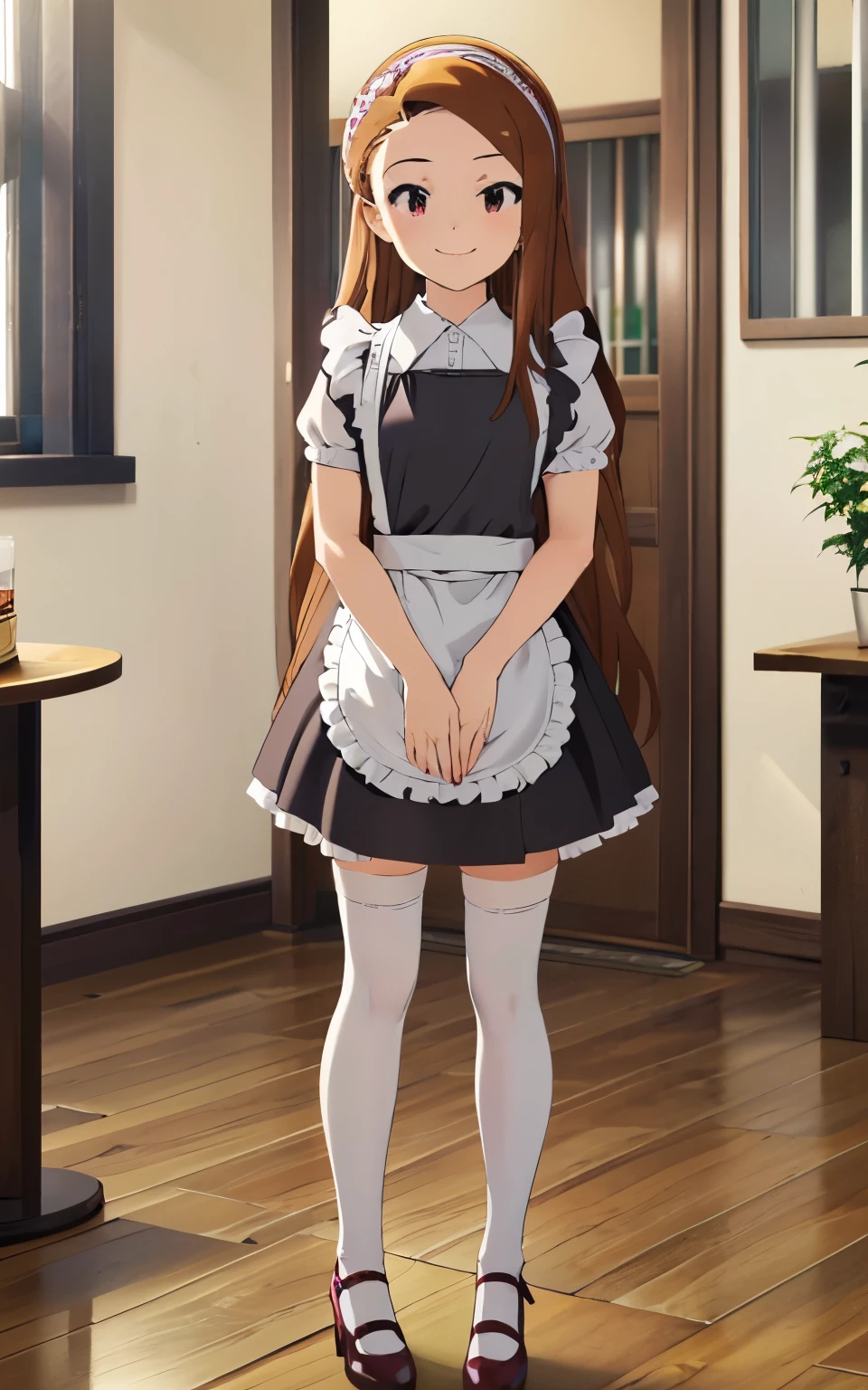 (best quality), (masterpiece), (High Resolution), (anime_style), 1girl, (Iori Minase), (mini-skirt maid, (Ultra mini skirt), (white thighhighs), mary Jane shoes, maid cafe, full body, Dazzling Smile、