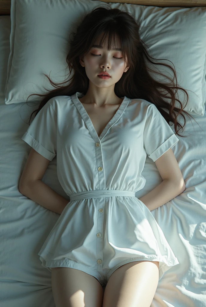 Sleeping teen girl lying posing inside the caravan truck beside the caravan truck door, head on pillow, dark night skies in the mountain cave, turn of the light, turn of the lamp, 22 years old, ultra realistic, she is wearing pajama, brown hair. Perfect hand and perfect fingers. Perfect details of caravan truck